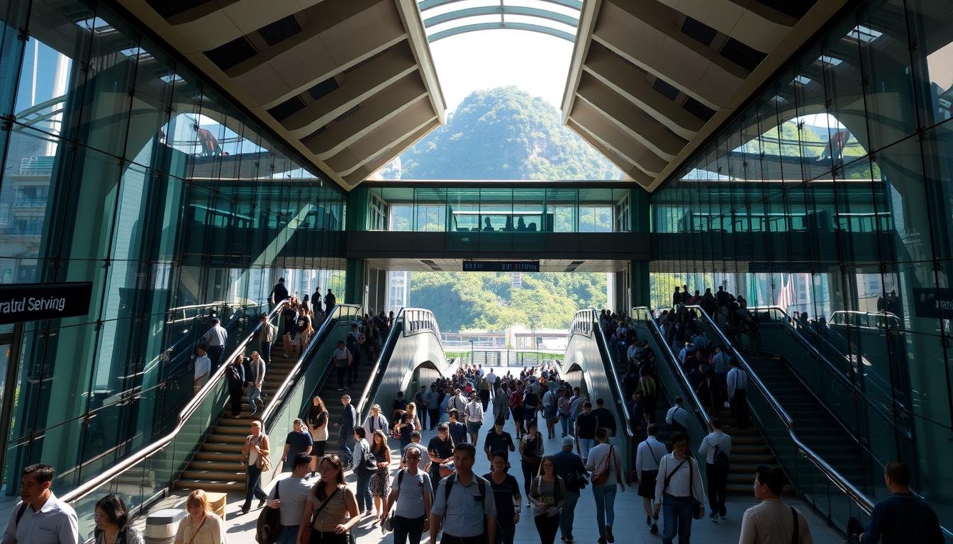 A bustling transportation hub, the Central Station Interchange in Hong Kong, with a sleek, modern design. Commuters briskly navigate the walkways, weaving between the glass-and-steel structures that frame the entry points. Sunlight filters in, casting a warm glow and creating dynamic shadows. The station serves as a gateway, connecting the city below to the iconic Peak Tram that ascends the lush slopes of Victoria Peak. An efficient, well-organized flow of passengers exemplifies the seamless integration of public transit in this vibrant metropolis.