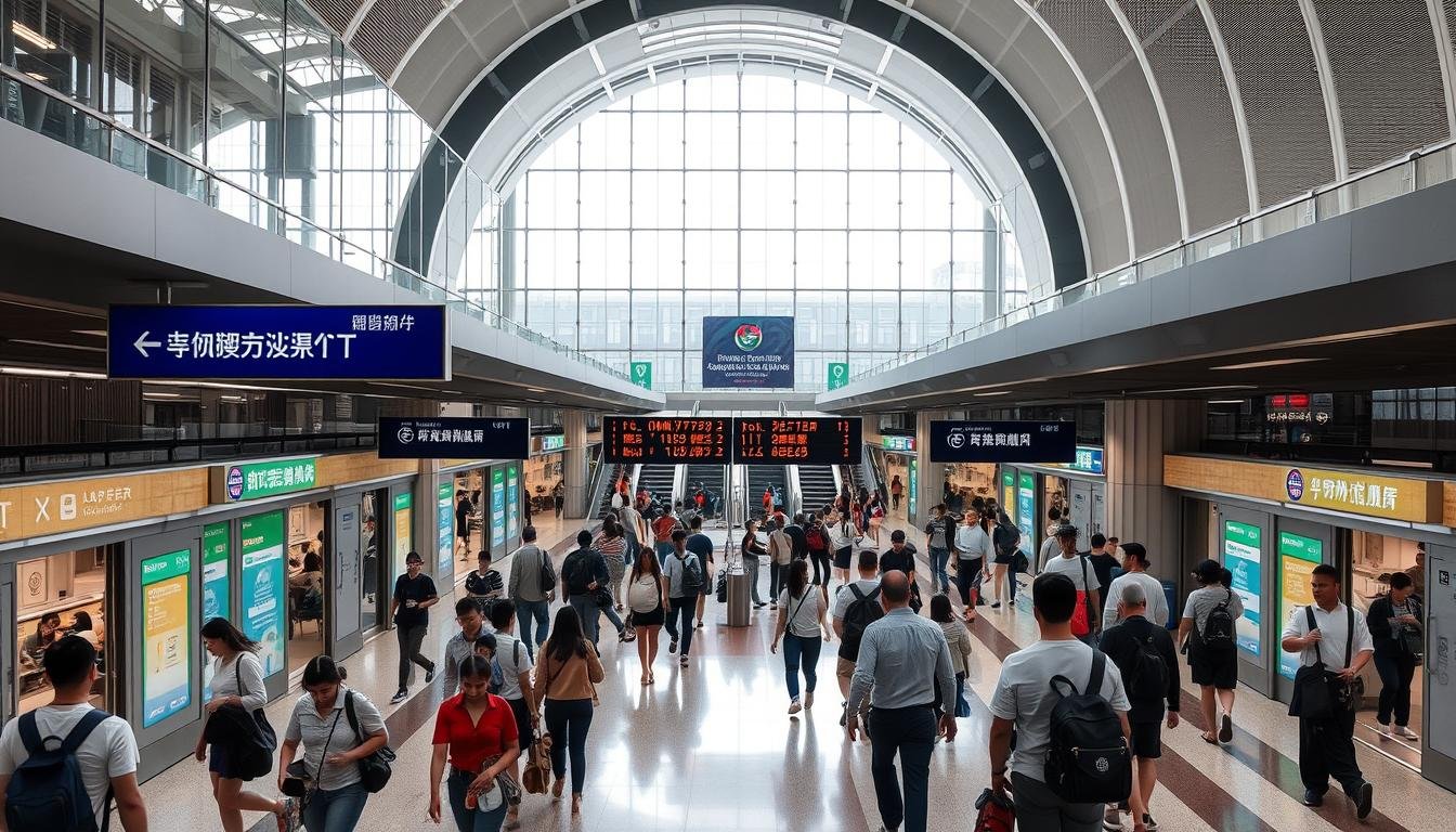 A bustling transportation hub with clear wayfinding signage, intuitive layouts, and seamless connections. Commuters navigating through the Kowloon-Guangzhou Express (KTT) metro station, seamlessly transitioning from train to bus or taxi. The station's facade features a modern, sleek design with glass and steel elements, allowing natural light to flood the concourse. Passengers move efficiently through the space, guided by well-marked entrances, exits, and passenger information displays. The atmosphere is one of calm organization, reflecting the accessibility and convenience of this sports complex's integrated transport system.