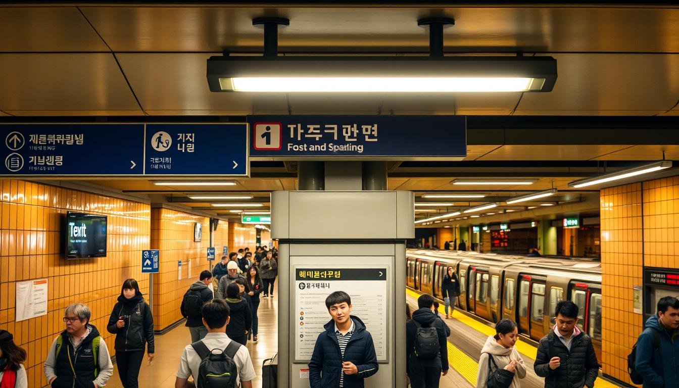 A bustling underground subway station in Seoul's Insadong district, with commuters hurrying through the concourse. Bright, warm lighting illuminates the tiled walls and floors, creating a sense of energy and movement. In the foreground, a clear wayfinding signage system with intuitive pictograms directs passengers to different train lines and station exits. The middle ground features a central information kiosk, where a friendly staff member assists lost tourists. In the background, the faint rumble of approaching trains can be heard, and the platforms are dotted with people waiting to board. An atmosphere of efficiency and urban vibrancy pervades the scene.