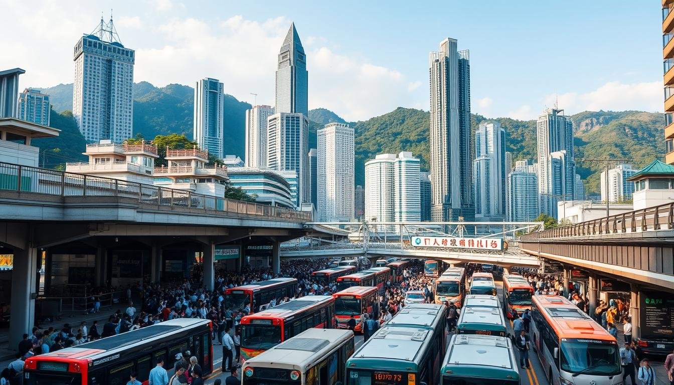 A bustling urban landscape, showcasing Hong Kong's efficient transportation network. In the foreground, a crowded bus terminal, with commuters hurrying to board various modes of public transit - buses, minibuses, and trams. The middle ground features a network of elevated walkways and skyways, connecting buildings and transit hubs. In the background, towering skyscrapers and lush green hills create a striking contrast, highlighting Hong Kong's unique blend of modernity and natural beauty. The scene is bathed in warm, golden light, evoking a sense of energy and purpose. Crisp, high-resolution details capture the intricate web of infrastructure that supports Hong Kong's thriving urban center.