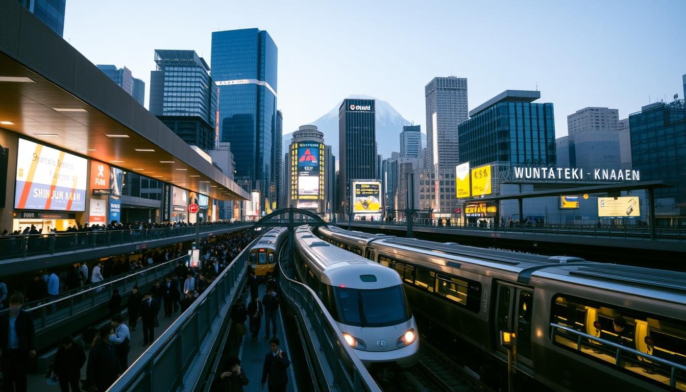 A bustling urban scene of Shinjuku Station, the main transportation hub in Tokyo. In the foreground, commuters hurry along elevated walkways and crowded platforms, their silhouettes backlit by the warm glow of station lights. In the middle ground, sleek trains glide in and out of the platforms, their shiny metal bodies reflecting the city lights. The background is dominated by the towering high-rise buildings of Shinjuku's skyscraper district, their glass facades gleaming under a crisp, clear night sky. The overall atmosphere is one of efficiency, energy, and the vibrant pulse of a major metropolitan center, setting the stage for a seamless journey to the iconic Mount Fuji. A bustling urban scene of Shinjuku Station, the main transportation hub in Tokyo. In the foreground, commuters hurry along elevated walkways and crowded platforms, their silhouettes backlit by the warm glow of station lights. In the middle ground, sleek trains glide in and out of the platforms, their shiny metal bodies reflecting the city lights. The background is dominated by the towering high-rise buildings of Shinjuku's skyscraper district, their glass facades gleaming under a crisp, clear night sky. The overall atmosphere is one of efficiency, energy, and the vibrant pulse of a major metropolitan center, setting the stage for a seamless journey to the iconic Mount Fuji.