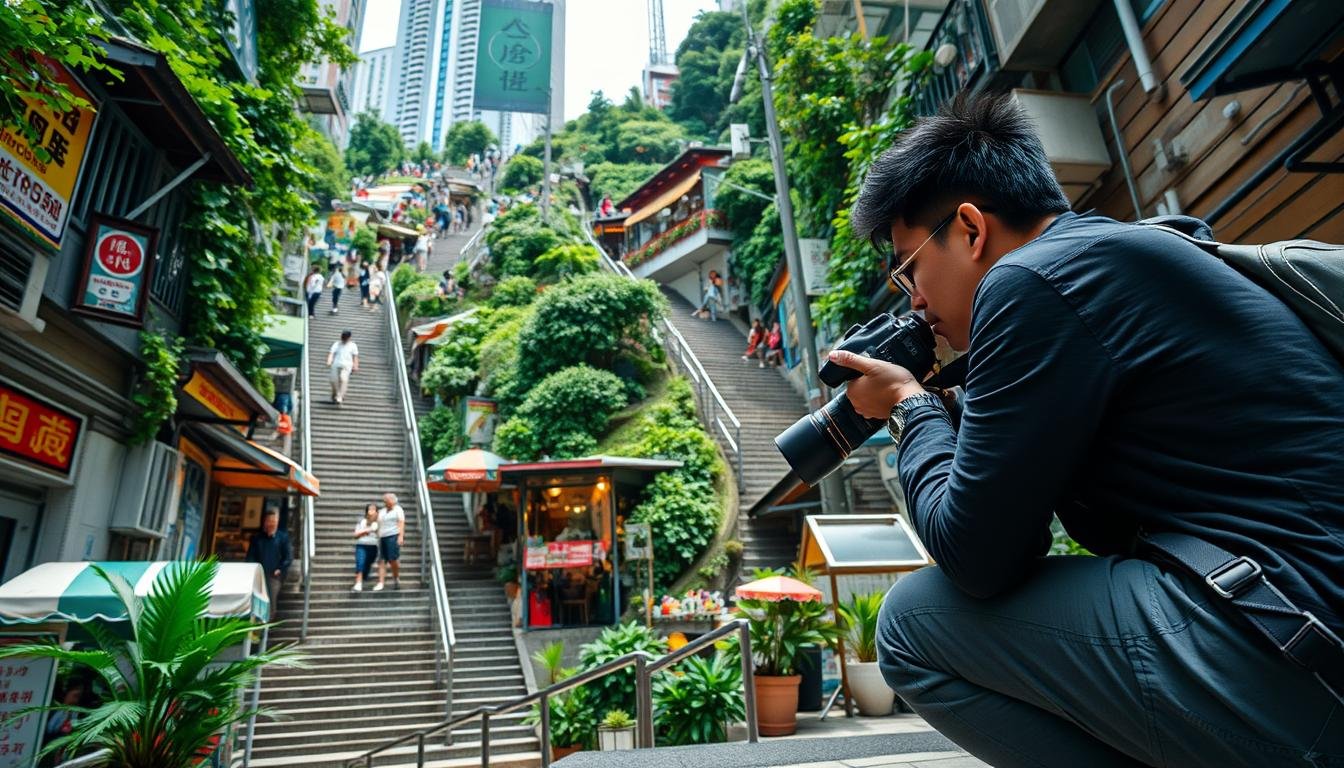A bustling urban staircase winds through a lush, verdant hillside, with a vibrant mix of local shops, cafes, and pedestrians creating a dynamic backdrop. In the foreground, a photographer crouches, camera in hand, framing the scene with an artful eye, utilizing natural lighting and a wide-angle lens to capture the essence of the environment. The resulting image showcases the unique character of this iconic Hong Kong landmark, inviting the viewer to explore the rich tapestry of sights, sounds, and flavors that make this location a must-visit destination.