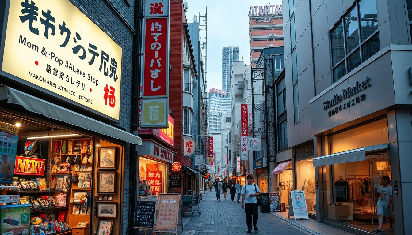 A bustling urban street lined with a variety of charming specialty shops, their vibrant facades beckoning passersby. In the foreground, a cozy Mom-and-Pop store selling memorabilia and collectibles from beloved Japanese media franchises, its window display showcasing carefully curated Kamen Rider and NERV merchandise. Further down the street, a sleek, modern "Studio Market" storefront, its minimalist design hinting at the high-quality apparel and accessories within. The middle ground is dotted with quaint shops and eateries, their signs and awnings adding pops of color to the scene. In the background, the distinctive architecture of Osaka lends an authentic Japanese atmosphere, with towering buildings and a glimpse of a train station in the distance. Warm, diffused lighting casts a welcoming glow over the entire setting, inviting exploration and discovery.