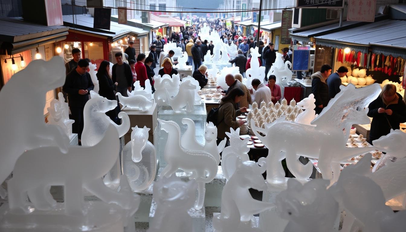 A bustling weekend market in Stanley, Hong Kong, with a dazzling array of handcrafted ice sculptures taking center stage. In the foreground, intricate frozen figures of animals and mythical creatures captivate visitors, their delicate details illuminated by soft, diffused lighting. In the middle ground, artisans skillfully carve and shape the ice, using their tools with precision and artistry. Beyond, a vibrant scene unfolds, with vendors offering an array of handmade goods, from pottery to textiles, and a lively atmosphere of music and workshops. The overall mood is one of celebration, where the community comes together to appreciate the intersection of art, craft, and local culture.