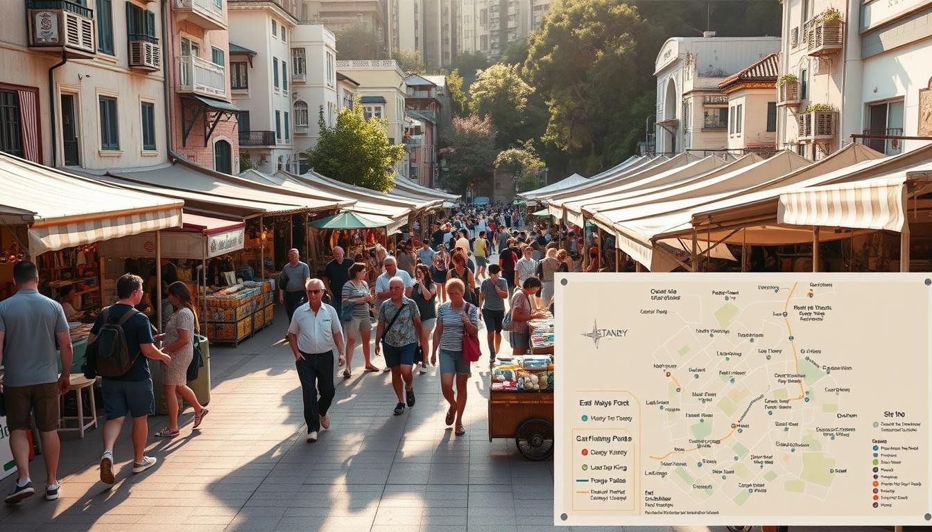 A bustling weekend market in the heart of Stanley, Hong Kong. Stalls line the vibrant central square, offering an array of local crafts, street food, and trinkets. Visitors navigate the lively scene, taking in the sights and sounds of this beloved local destination. The sun casts a warm, golden glow across the scene, highlighting the unique architecture and natural surroundings. A detailed map in the foreground provides clear wayfinding, guiding guests to the market's entry points and key zones. The overall atmosphere is one of discovery, community, and the celebration of Hong Kong's rich cultural heritage.