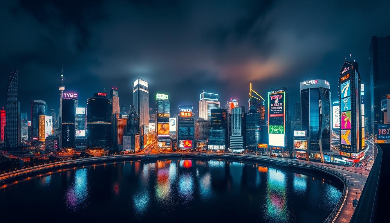 A captivating night scene in the bustling city of Shinjuku, Tokyo. The towering skyscrapers and neon-lit buildings create a mesmerizing skyline, their reflections dancing on the tranquil waters below. A panoramic view from a high vantage point, showcasing the dynamic energy and architectural grandeur of this vibrant metropolitan area. Dramatic lighting casts long shadows, evoking a sense of wonder and exploration. The image captures the essence of Shinjuku's iconic skyline, inviting the viewer to immerse themselves in the captivating urban landscape.