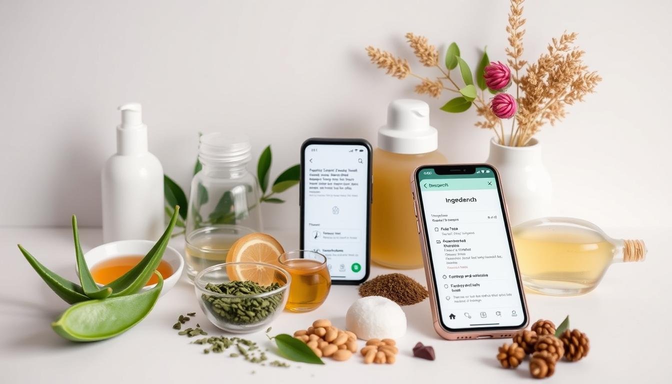 A carefully curated still life arrangement showcasing various beauty product ingredients against a clean, minimalist backdrop. The foreground features an assortment of natural, organic skincare components such as aloe vera, green tea, and botanical extracts, arranged in a visually appealing manner. The middle ground includes a smartphone with a screen displaying ingredient lists and product information, conveying the idea of "fast research" as the consumer evaluates the quality and value of the products. The background is a simple, uncluttered white or light gray surface, allowing the key elements to take center stage. Soft, diffused lighting creates a sense of clarity and thoughtfulness, emphasizing the importance of thoroughly understanding product composition before making a purchase decision. A carefully curated still life arrangement showcasing various beauty product ingredients against a clean, minimalist backdrop. The foreground features an assortment of natural, organic skincare components such as aloe vera, green tea, and botanical extracts, arranged in a visually appealing manner. The middle ground includes a smartphone with a screen displaying ingredient lists and product information, conveying the idea of "fast research" as the consumer evaluates the quality and value of the products. The background is a simple, uncluttered white or light gray surface, allowing the key elements to take center stage. Soft, diffused lighting creates a sense of clarity and thoughtfulness, emphasizing the importance of thoroughly understanding product composition before making a purchase decision.