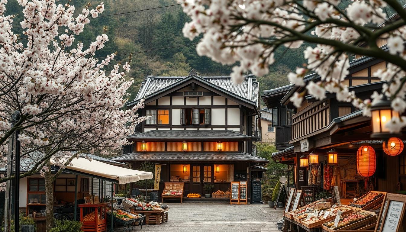 A charming town nestled in the Japanese countryside, with quaint streets lined with traditional architecture. A cozy, family-owned ryokan stands in the center, its warm lanterns casting a inviting glow. In the foreground, a farmer's market offers an array of local produce and handcrafted goods, creating a lively atmosphere. Blossoming cherry trees frame the scene, hinting at the gentle pace of life. Soft, diffused lighting bathes the entire composition, evoking a sense of tranquility and authenticity. The overall impression is one of high value and an immersive, slow-paced travel experience.