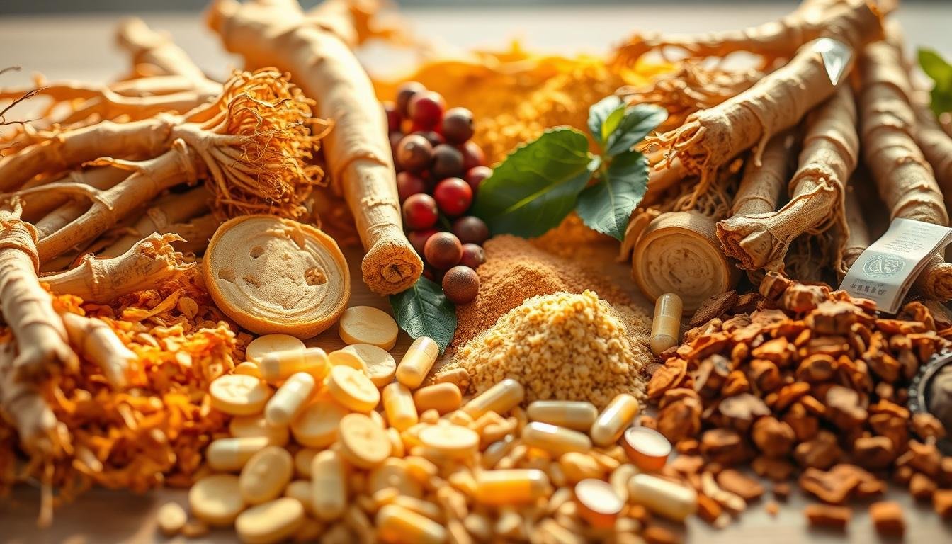 A closeup, detailed view of an array of Korean ginseng roots and products, illuminated by warm, natural lighting. The foreground features various grades and types of ginseng, from fresh roots to dried slices, powders, and capsules, arranged to highlight their distinct characteristics - color, texture, shape, and size. The middle ground showcases ginseng berries and leaves, providing context. The background is slightly blurred, suggesting a clean, minimalist setting that allows the ginseng specimens to take center stage. The overall composition conveys a sense of quality, authenticity, and expertise in evaluating ginseng products. A closeup, detailed view of an array of Korean ginseng roots and products, illuminated by warm, natural lighting. The foreground features various grades and types of ginseng, from fresh roots to dried slices, powders, and capsules, arranged to highlight their distinct characteristics - color, texture, shape, and size. The middle ground showcases ginseng berries and leaves, providing context. The background is slightly blurred, suggesting a clean, minimalist setting that allows the ginseng specimens to take center stage. The overall composition conveys a sense of quality, authenticity, and expertise in evaluating ginseng products.
