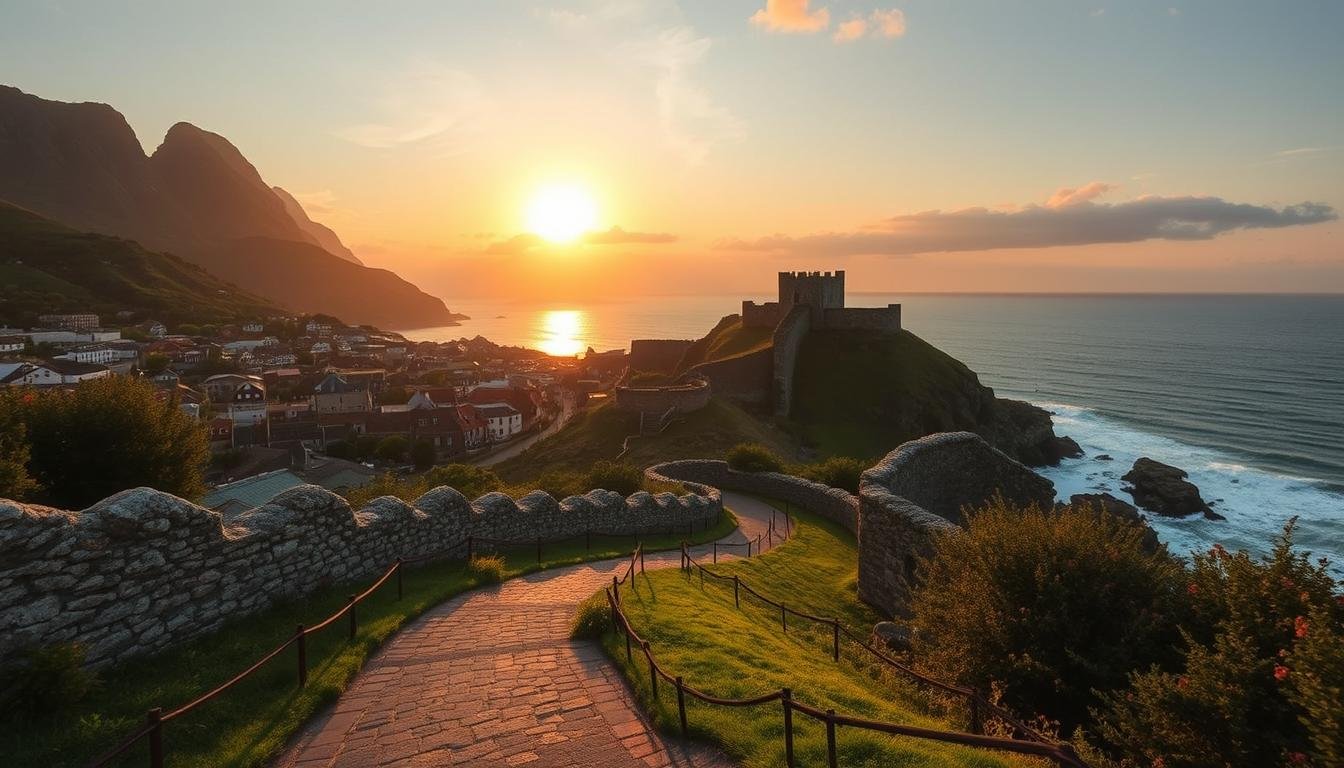 A coastal town nestled between towering mountains, where ancient castle ruins stand sentinel over the crashing waves. A picturesque scene bathed in the warm glow of a setting sun, its golden light casting a dreamy hue across the weathered stone walls and lush greenery. In the foreground, a winding path leads the viewer through this historic landscape, inviting exploration of the site's rich heritage. The image is captured with a wide-angle lens, emphasizing the grand scale of the setting and the harmony between the natural and manmade elements. An atmosphere of tranquility and timelessness permeates the scene, drawing the viewer into a serene and contemplative moment. A coastal town nestled between towering mountains, where ancient castle ruins stand sentinel over the crashing waves. A picturesque scene bathed in the warm glow of a setting sun, its golden light casting a dreamy hue across the weathered stone walls and lush greenery. In the foreground, a winding path leads the viewer through this historic landscape, inviting exploration of the site's rich heritage. The image is captured with a wide-angle lens, emphasizing the grand scale of the setting and the harmony between the natural and manmade elements. An atmosphere of tranquility and timelessness permeates the scene, drawing the viewer into a serene and contemplative moment.