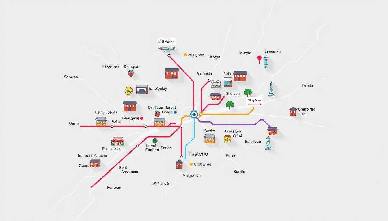 A comprehensive transit map depicting the major accommodation hubs in Tokyo, showcasing the optimal routes and proximity to key attractions like Ueno, Asakusa, Shibuya, and Shinjuku. The map features detailed icons representing various lodging options, from traditional ryokans to modern hotels, color-coded to indicate proximity and convenience to the city's top sights. Rendered in a clean, minimalist style with a cool, muted color palette to evoke a sense of urban sophistication. Subtle lighting casts soft shadows, creating depth and emphasizing the key transportation links between these prime lodging districts. The overall composition strikes a balance between informative functionality and aesthetic appeal, making it an invaluable resource for Tokyo-bound travelers.