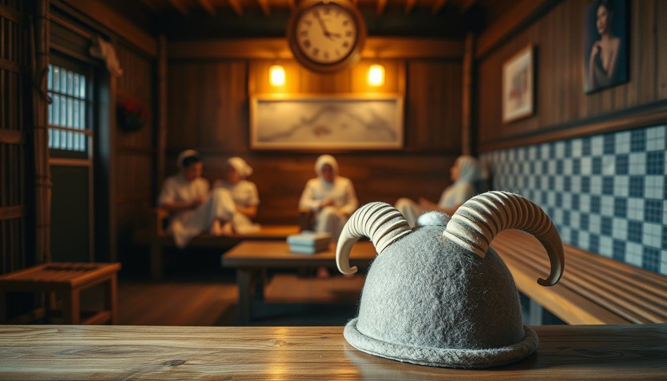 A cozy Korean hanok bathhouse interior, dimly lit with warm natural tones. In the foreground, a traditional wool felt "goat horn" hat used in the jjimjilbang (Korean sauna) sits atop a wooden bench, its distinct curled horns and plush texture invitingly visible. The middle ground features a tranquil scene of patrons relaxing on wooden benches, wrapped in soft cotton towels, enjoying the rejuvenating steam. In the background, subtle details like bamboo accents and patterned tiled walls create an authentic, immersive atmosphere. The composition emphasizes the cultural significance and whimsical charm of the iconic "goat horn" hat within the holistic Korean sauna experience.