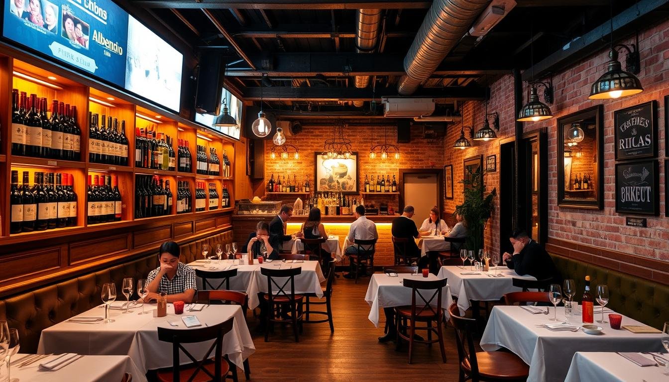 A cozy Spanish tapas bar nestled in the bustling streets of Causeway Bay, its warm amber lighting casting a inviting glow. Bottles of vintage Rioja and Albariño line the wooden shelves, while the aroma of sizzling patatas bravas and pimientos de Padrón wafts through the air. Intimate tables covered in crisp white linen are scattered throughout, where locals and visitors alike sip on chilled sherry and share plates of jamón Ibérico and manchego. A rustic, tiled floor and exposed brick walls create an authentic Iberian ambiance, while a small bar in the corner offers a selection of Spanish craft cocktails. Soft Spanish guitar music plays in the background, complementing the relaxed, slightly buzzed atmosphere. A cozy Spanish tapas bar nestled in the bustling streets of Causeway Bay, its warm amber lighting casting a inviting glow. Bottles of vintage Rioja and Albariño line the wooden shelves, while the aroma of sizzling patatas bravas and pimientos de Padrón wafts through the air. Intimate tables covered in crisp white linen are scattered throughout, where locals and visitors alike sip on chilled sherry and share plates of jamón Ibérico and manchego. A rustic, tiled floor and exposed brick walls create an authentic Iberian ambiance, while a small bar in the corner offers a selection of Spanish craft cocktails. Soft Spanish guitar music plays in the background, complementing the relaxed, slightly buzzed atmosphere.