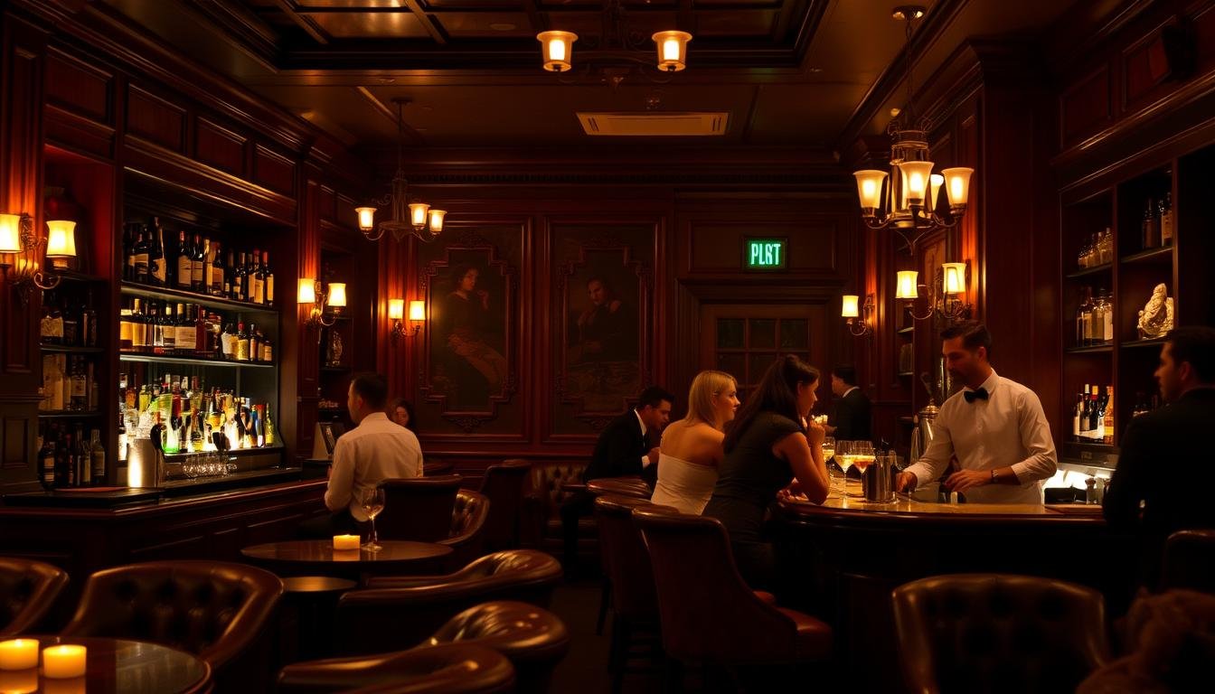 A cozy and dimly lit bar with a timeless, classic ambiance. The interior features rich mahogany wood panels, plush leather armchairs, and a well-stocked bar showcasing an array of premium liquors and expertly crafted cocktails. Soft lighting from vintage sconces and candles creates a warm, inviting atmosphere, perfect for discerning cocktail connoisseurs. In the background, a bartender in a crisp white shirt and bow tie skillfully mixes and pours drinks, while patrons engage in intimate conversations. The overall scene exudes an air of sophistication and exclusivity, hinting at the bar's reputation for award-winning cocktails and exceptional service. A cozy and dimly lit bar with a timeless, classic ambiance. The interior features rich mahogany wood panels, plush leather armchairs, and a well-stocked bar showcasing an array of premium liquors and expertly crafted cocktails. Soft lighting from vintage sconces and candles creates a warm, inviting atmosphere, perfect for discerning cocktail connoisseurs. In the background, a bartender in a crisp white shirt and bow tie skillfully mixes and pours drinks, while patrons engage in intimate conversations. The overall scene exudes an air of sophistication and exclusivity, hinting at the bar's reputation for award-winning cocktails and exceptional service.