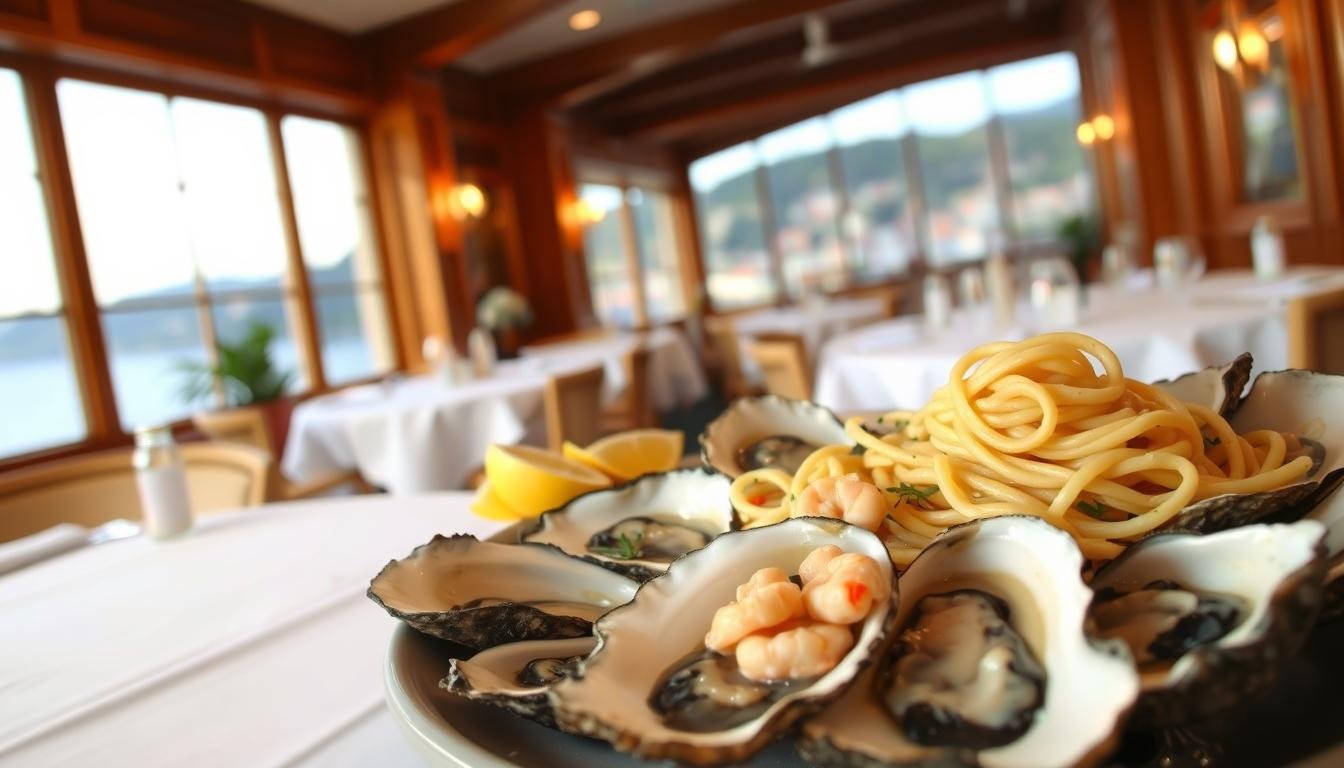 A cozy and intimate restaurant interior, with warm lighting illuminating the wooden accents and white tablecloths. In the foreground, a plate of freshly shucked oysters, glistening with lemon wedges and herbs, takes center stage. The middle ground showcases a delicate seafood pasta dish, the noodles twirling around tender morsels of crab and shrimp. The background reveals a panoramic view through large windows, overlooking a picturesque seaside town. The atmosphere is one of refined elegance and the celebration of the local, premium-quality oysters that are the restaurant's pride and joy. A cozy and intimate restaurant interior, with warm lighting illuminating the wooden accents and white tablecloths. In the foreground, a plate of freshly shucked oysters, glistening with lemon wedges and herbs, takes center stage. The middle ground showcases a delicate seafood pasta dish, the noodles twirling around tender morsels of crab and shrimp. The background reveals a panoramic view through large windows, overlooking a picturesque seaside town. The atmosphere is one of refined elegance and the celebration of the local, premium-quality oysters that are the restaurant's pride and joy.