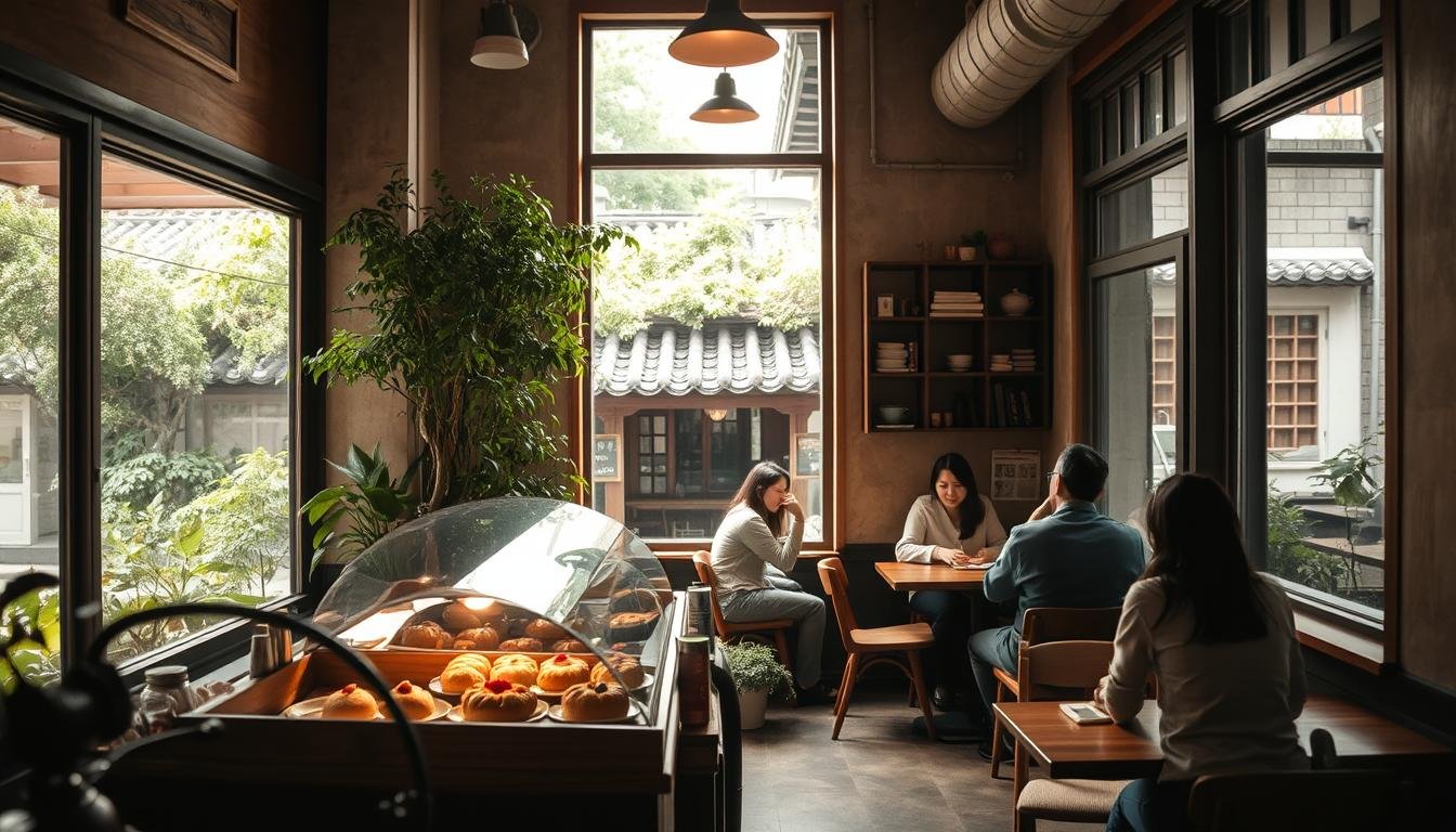 A cozy, atmospheric cafe nestled in the heart of Seoul's Insadong district. Soft natural light filters through large windows, illuminating the rustic wooden furnishings and earthy, muted color palette. An enticing display of artisanal pastries and desserts beckons from the counter, while the aroma of freshly brewed coffee fills the air. Customers converse quietly at intimate tables, immersed in the tranquil, inviting ambiance. In the background, lush greenery and traditional Korean architectural details hint at the neighborhood's historic charm. This is a space where locals and visitors alike can savor the finest coffee and confections, and lose themselves in the quiet pleasures of Seoul's vibrant creative community.