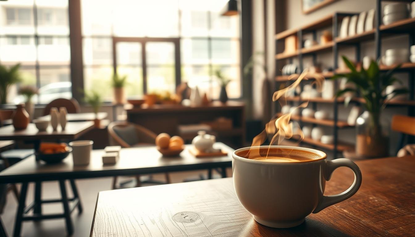 A cozy café interior with a warm, inviting atmosphere. In the foreground, a beautifully crafted ceramic mug filled with rich, aromatic coffee sits on a wooden table, steam gently rising from the surface. The middle ground features an array of minimalist, designer-curated home goods and lifestyle items, hinting at the store's aesthetic. In the background, large windows allow natural light to flood the space, casting a soft, golden glow and revealing the unique architecture of the PMQ building. The overall scene exudes a sense of refined Hong Kong design and a celebration of the city's creative spirit.
