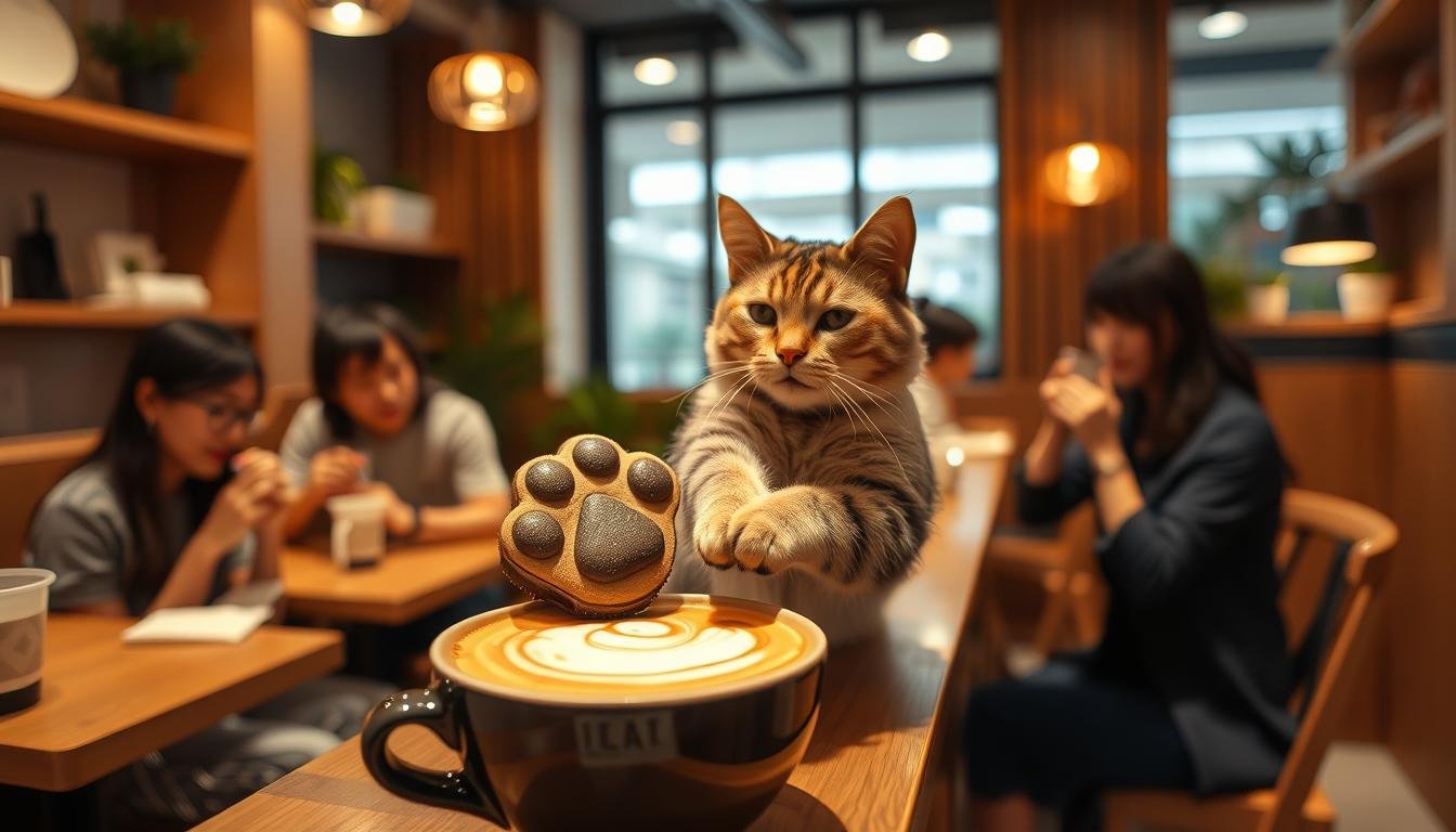 A cozy cat-themed cafe in Causeway Bay, with a charming feline manager serving up a latte art creation. The cat's paw-shaped cake sits atop the latte, its rich chocolate and creamy texture inviting closer inspection. Warm lighting casts a comforting glow, while the cafe's minimalist decor and natural wood accents create a serene, therapeutic atmosphere. Patrons sip their drinks and admire the playful cat as it lazily stretches on the counter, its fluffy fur and curious expression embodying the cafe's whimsical, soothing ambiance.