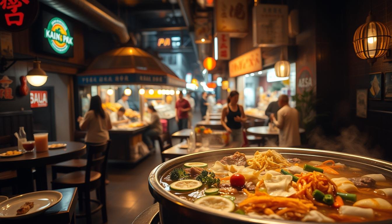 A cozy, dimly lit Taiwanese hot pot restaurant, with a vibrant and inviting atmosphere. The foreground features a steaming hot pot filled with a variety of fresh ingredients, including thinly sliced meats, vegetables, and dumplings. The middle ground showcases a lively night market scene, with vendors selling an array of delectable street food, from skewers to fried snacks. In the background, a warm, soft lighting illuminates the space, creating a welcoming and intimate ambiance. The overall scene conveys a sense of comfort, community, and the joy of sharing a satisfying and communal dining experience.