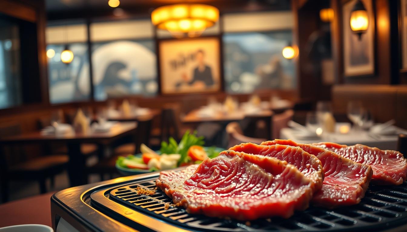 A cozy, dimly lit restaurant interior with a focus on a central table showcasing a delectable Japanese Wagyu beef dish. In the foreground, thick slices of juicy, marbled beef sizzle on a tabletop grill, their rich aroma filling the air. The middle ground features an assortment of crisp, fresh vegetables and aromatic spices, creating a harmonious balance. The background is softly blurred, emphasizing the warm, intimate atmosphere of the setting. The lighting is subtle, casting a golden glow and creating a sense of comfort and indulgence. The overall scene evokes the mouthwatering anticipation of an authentic Japanese yakiniku experience.