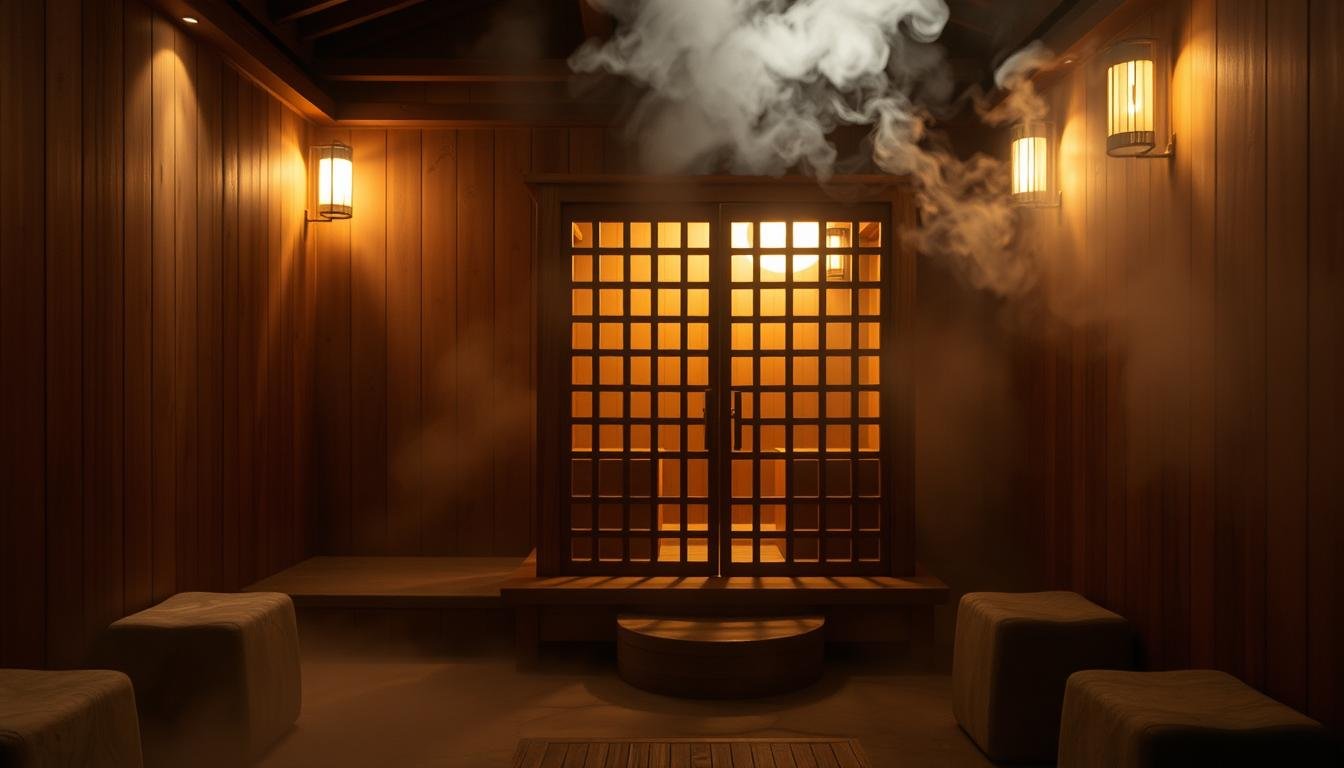 A cozy, dimly-lit traditional Korean sauna, or "hanok" bath house, nestled within the bustling Myeongdong shopping district. The wooden "mogg" or heating chamber stands prominently in the center, its latticed design casting intricate shadows across the steamy, softly-lit interior. Plumes of fragrant, therapeutic steam billow upwards, creating an atmosphere of tranquility and relaxation amidst the energetic urban landscape just beyond the walls. Smooth, natural materials like stone and bamboo furnishings complement the rustic, centuries-old architecture, inviting visitors to sink into a moment of respite and rejuvenation.