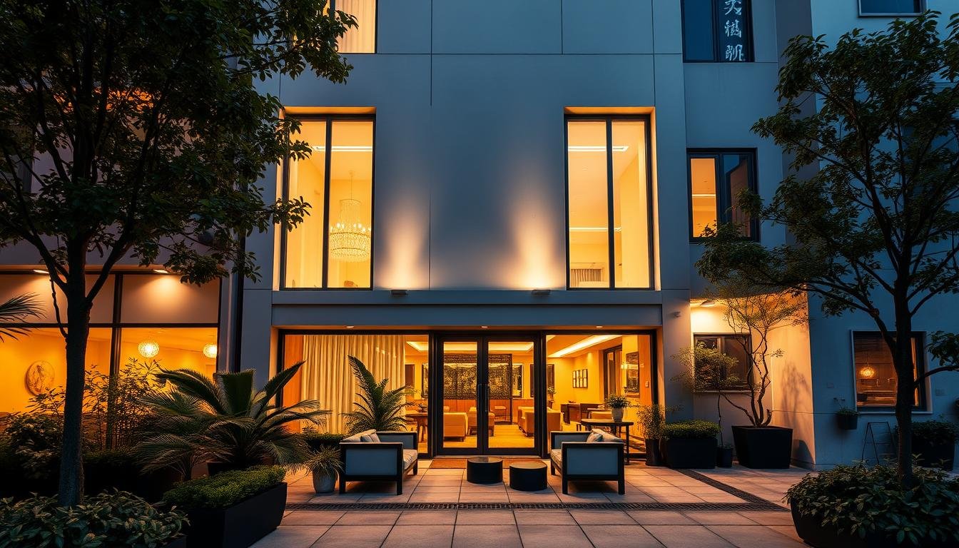 A cozy hotel nestled in the heart of Taipei's Jinan district, illuminated by the warm glow of evening lights. The facade features a modern, minimalist design with clean lines and large windows. Guests enter through a serene courtyard, stepping onto smooth stone tiles surrounded by lush foliage. The lobby exudes an atmosphere of refined elegance, with plush seating arrangements and contemporary art adorning the walls. Upstairs, the guest rooms offer a tranquil retreat, outfitted with high-quality linens, tasteful decor, and panoramic city views. This hotel promises a comfortable and memorable stay, perfectly suited for couples seeking an intimate Jinan experience.