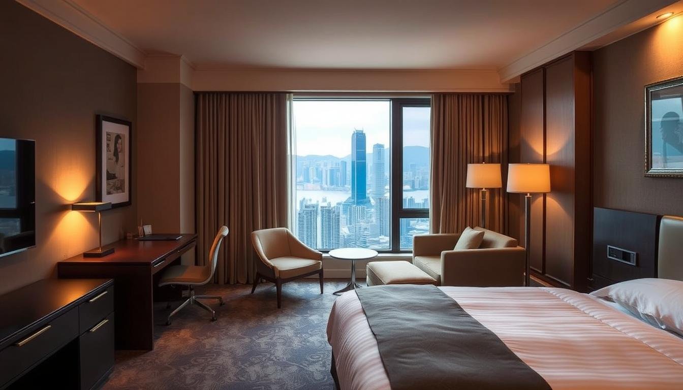 A cozy hotel room in Hong Kong's vibrant Tsim Sha Tsui district, bathed in warm, ambient lighting. Plush bedding and modern furnishings create a tranquil oasis, while the iconic skyline of Victoria Harbour is visible through the large window, framed by elegant curtains. The room has a clean, minimalist aesthetic, with tasteful accents that evoke the city's rich cultural heritage. A comfortable work desk and sitting area allow for both rest and productivity. The overall atmosphere is one of relaxation and refined sophistication, catering to the discerning traveler seeking a premium accommodation experience in the heart of Hong Kong. A cozy hotel room in Hong Kong's vibrant Tsim Sha Tsui district, bathed in warm, ambient lighting. Plush bedding and modern furnishings create a tranquil oasis, while the iconic skyline of Victoria Harbour is visible through the large window, framed by elegant curtains. The room has a clean, minimalist aesthetic, with tasteful accents that evoke the city's rich cultural heritage. A comfortable work desk and sitting area allow for both rest and productivity. The overall atmosphere is one of relaxation and refined sophistication, catering to the discerning traveler seeking a premium accommodation experience in the heart of Hong Kong.