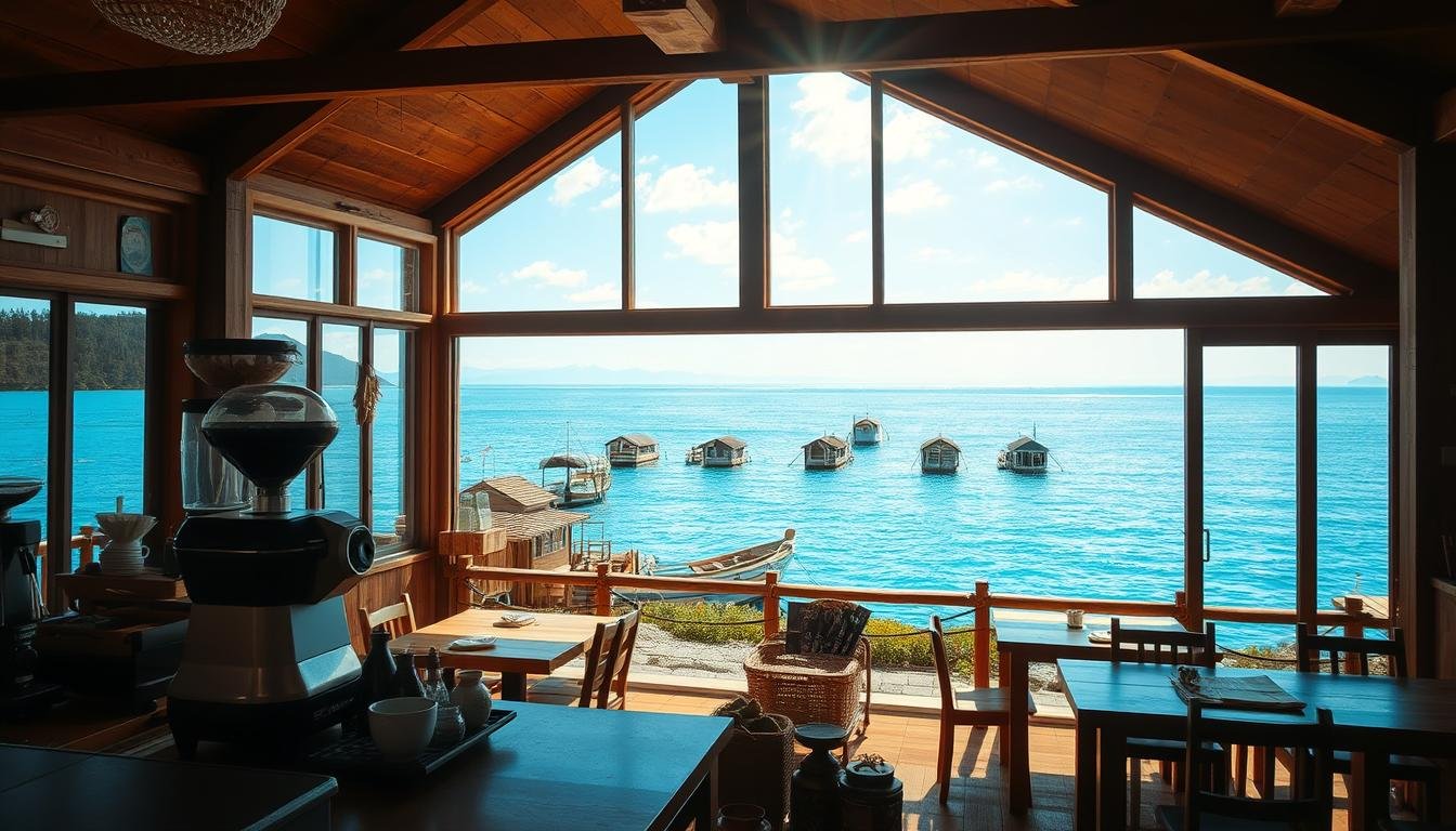 A cozy seaside restaurant nestled on the tranquil shores of Ine, Japan. The inviting dining area features floor-to-ceiling windows offering breathtaking views of the azure ocean and the traditional wooden boat houses that dot the coastline. Sunlight filters through the space, casting a warm, golden glow over the rustic wooden furnishings and locally-sourced cuisine. In the foreground, a well-stocked coffee bar serves up aromatic brews, complementing the serene atmosphere. The scene evokes a sense of traditional Japanese hospitality, blended seamlessly with the stunning natural beauty of the Ine coastline. A cozy seaside restaurant nestled on the tranquil shores of Ine, Japan. The inviting dining area features floor-to-ceiling windows offering breathtaking views of the azure ocean and the traditional wooden boat houses that dot the coastline. Sunlight filters through the space, casting a warm, golden glow over the rustic wooden furnishings and locally-sourced cuisine. In the foreground, a well-stocked coffee bar serves up aromatic brews, complementing the serene atmosphere. The scene evokes a sense of traditional Japanese hospitality, blended seamlessly with the stunning natural beauty of the Ine coastline.