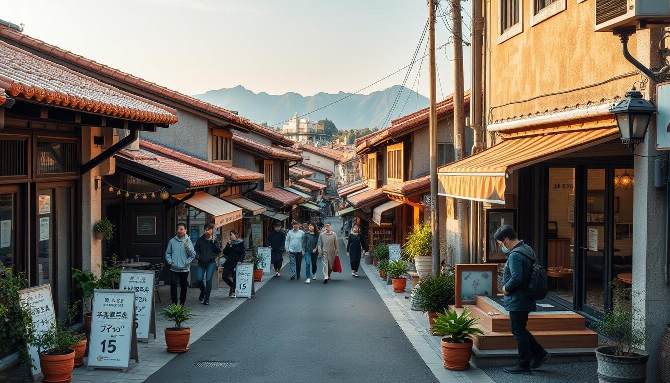 A cozy street scene in Gangneung, South Korea. Narrow roads lined with traditional hanok-style buildings, their terracotta roofs and weathered facades glowing under the warm afternoon sunlight. Quaint cafes and shops spill out onto the sidewalks, locals and visitors mingling amidst the bustling atmosphere. Potted plants and string lights add a charming, intimate touch. In the distance, the silhouettes of distant mountains provide a serene backdrop. An immersive, atmospheric view capturing the essence of Gangneung's historic Geumseong-ro district and its alluring local culinary and coffee culture.