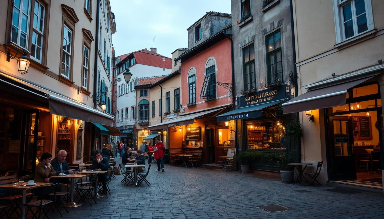A cozy street scene in a quaint, historic city center. In the foreground, a charming local cafe with warm, inviting lighting spilling out onto the cobblestone sidewalk. Clusters of small tables and chairs are occupied by patrons sipping aromatic coffee and enjoying pastries. The middle ground reveals an intimate, family-owned restaurant with a rustic, homemade aesthetic. Strings of twinkling lights hang above the entrance, drawing the eye. In the background, a mix of low-rise, traditional architecture frames the scene, creating a sense of timeless character. The overall mood is one of relaxed, neighborhood ambiance, highlighting the authenticity and heart of the city's culinary scene. A cozy street scene in a quaint, historic city center. In the foreground, a charming local cafe with warm, inviting lighting spilling out onto the cobblestone sidewalk. Clusters of small tables and chairs are occupied by patrons sipping aromatic coffee and enjoying pastries. The middle ground reveals an intimate, family-owned restaurant with a rustic, homemade aesthetic. Strings of twinkling lights hang above the entrance, drawing the eye. In the background, a mix of low-rise, traditional architecture frames the scene, creating a sense of timeless character. The overall mood is one of relaxed, neighborhood ambiance, highlighting the authenticity and heart of the city's culinary scene.