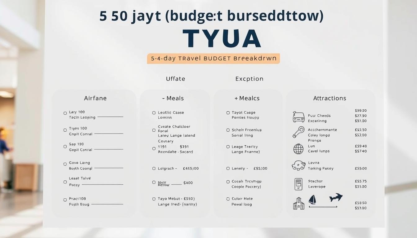 A detailed 5-day travel budget breakdown for a trip to Tokyo, Japan. The image showcases a well-organized visual guide with clear categories for airfare, accommodation, meals, transportation, and attractions. The layout is clean and modern, with subtle color accents and minimalist icons to illustrate each expense. The scene is set in a bright, airy environment, with soft natural lighting illuminating the financial details. The overall tone is informative and practical, reflecting the article's goal of providing a comprehensive budget planning resource for Hong Kong travelers.