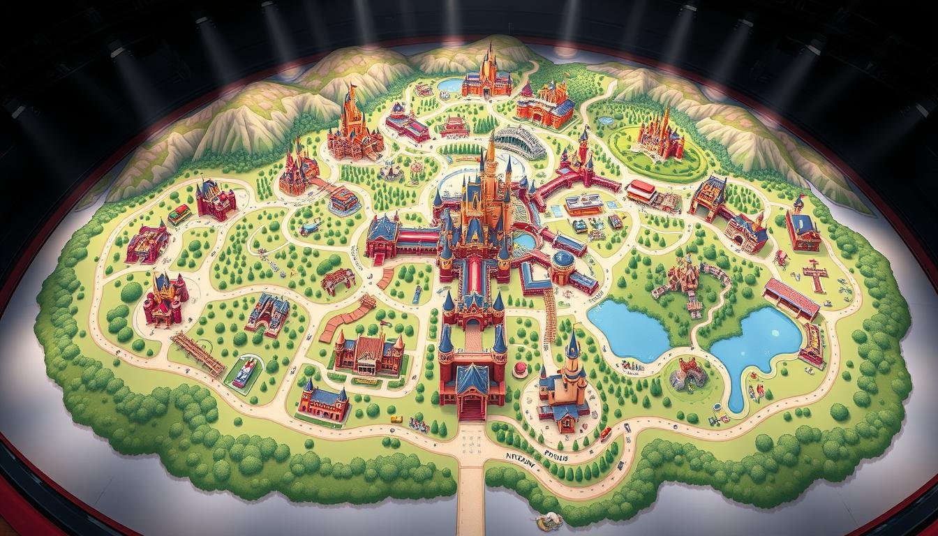 A detailed and expansive park map of Hong Kong Disneyland, captured with a wide-angle lens for a comprehensive overview. The map showcases the eight distinct themed lands, each with its iconic landmarks and attractions, rendered in a vibrant, hand-drawn style. The layout is meticulously presented, guiding visitors through the winding pathways and scenic routes that connect the diverse areas of the park. Soft, natural lighting illuminates the scene, creating a welcoming and enchanting ambiance that reflects the magical essence of Disneyland. The map invites exploration, highlighting the breadth of experiences and the wealth of opportunities for adventure and discovery within this immersive Disney destination.