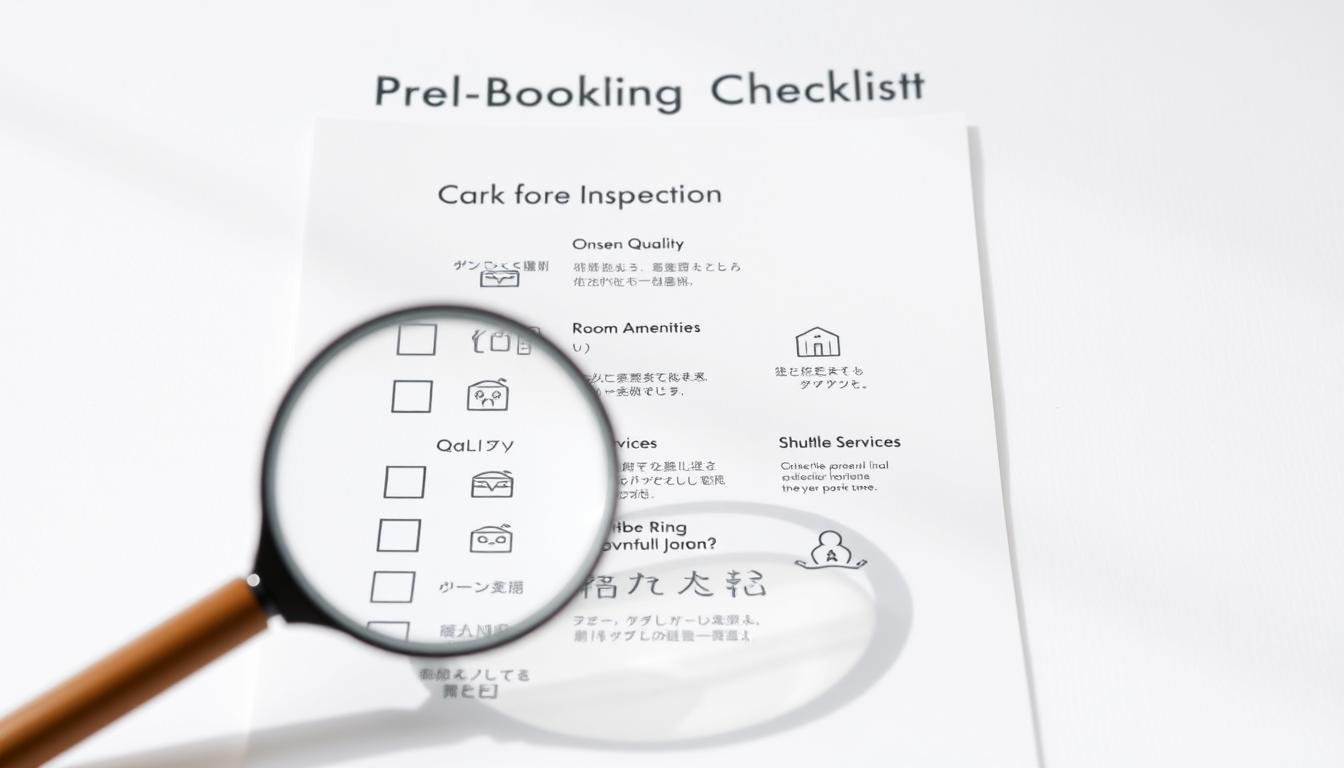A detailed checklist against a crisp white background, showcasing various icons and text elements. In the foreground, a magnifying glass hovers over the list, emphasizing the importance of pre-booking inspection. The middle ground features neatly organized sections for "Onsen Quality", "Room Amenities", and "Shuttle Services", each with corresponding icons. The background has a subtle texture, conveying a sense of organization and professionalism. Soft, natural lighting illuminates the scene, creating a clean and inviting atmosphere. The overall composition guides the viewer's eye through the key information, making this an informative and visually appealing illustration for the "Pre-booking Checklist" section.