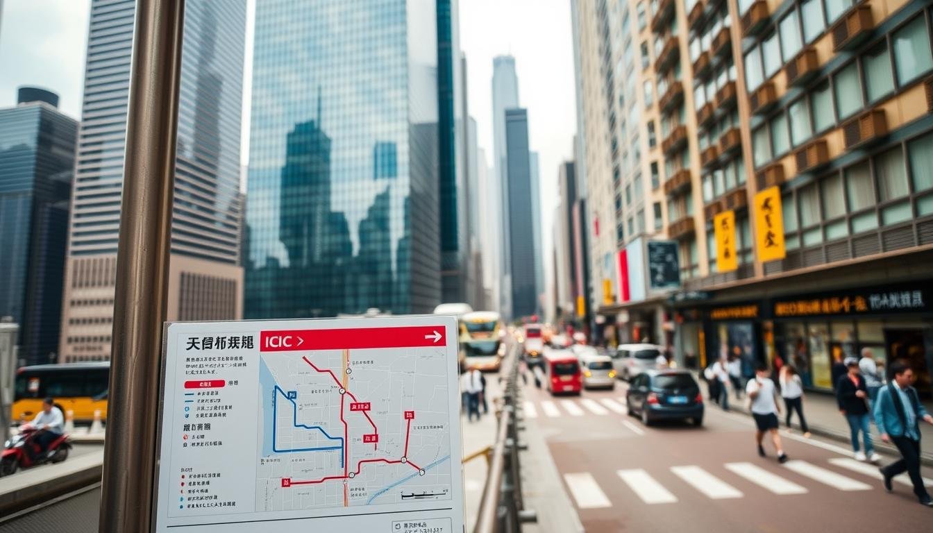 A detailed, easy-to-follow wayfinding guide for ICC, Hong Kong's iconic skyscraper. In the foreground, a clear map highlights the main routes and transport options - metro, bus, and taxi. The middle ground showcases the towering glass facade of ICC, reflecting the vibrant cityscape. In the background, the bustling streets of the Kowloon district provide context, with pedestrians and vehicles navigating the lively urban landscape. The scene is captured in a crisp, photographic style, with warm lighting and a slightly elevated camera angle to convey a sense of accessibility and guidance. An informative yet visually compelling image to help visitors reach the ICC observation deck seamlessly.