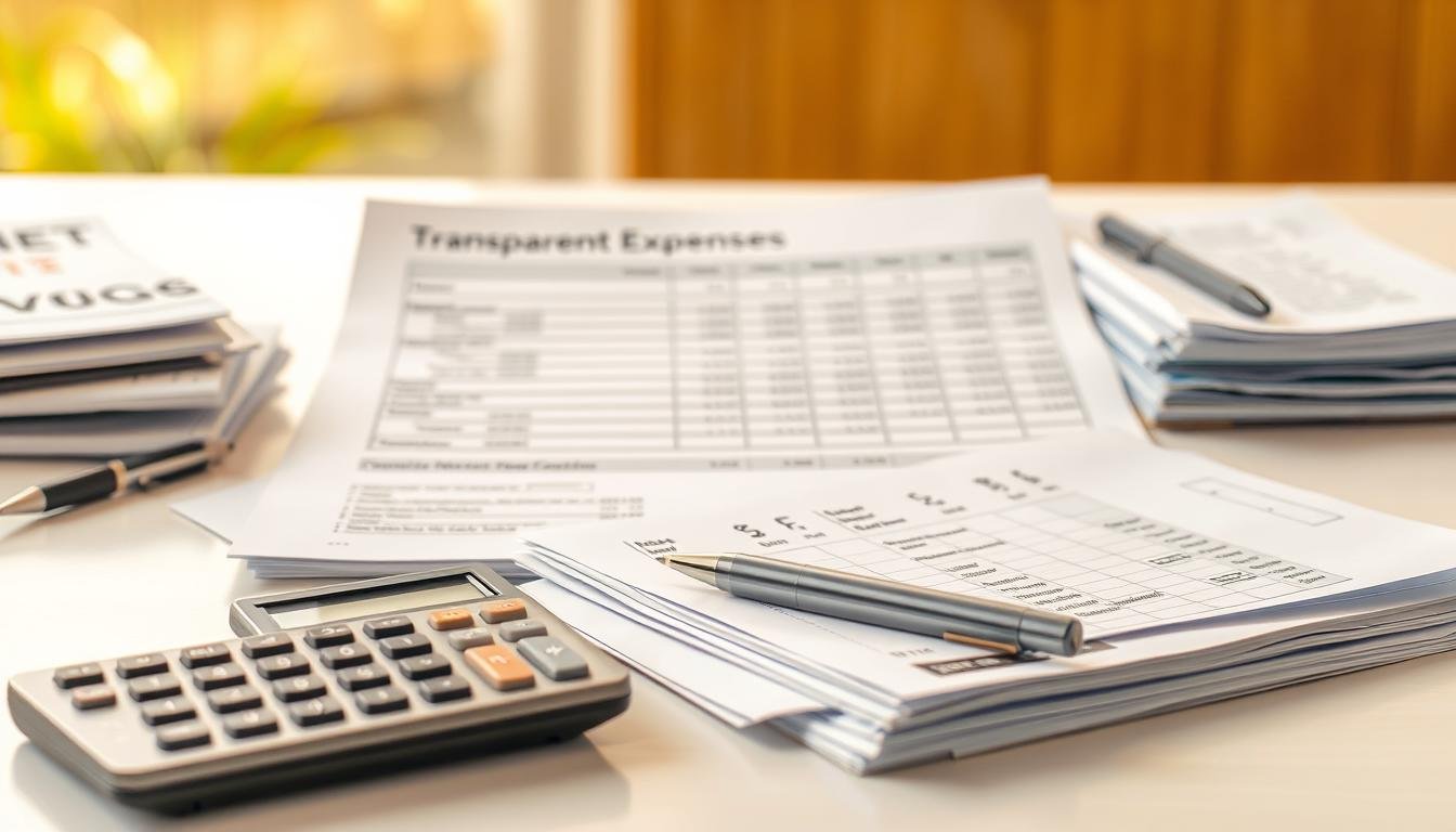 A detailed financial report laid out on a clean, well-lit desk. In the foreground, a calculator, a pen, and neatly stacked receipts, invoices, and expense reports. The middle ground features a transparent spreadsheet displaying itemized costs, with a focus on the "花費透明化" (Transparent Expenses) section. The background is blurred, creating a sense of depth and emphasizing the financial documents. Warm, natural lighting casts a soft glow over the scene, conveying a sense of organization and attention to detail. The overall mood is one of clarity, precision, and financial responsibility. A detailed financial report laid out on a clean, well-lit desk. In the foreground, a calculator, a pen, and neatly stacked receipts, invoices, and expense reports. The middle ground features a transparent spreadsheet displaying itemized costs, with a focus on the "花費透明化" (Transparent Expenses) section. The background is blurred, creating a sense of depth and emphasizing the financial documents. Warm, natural lighting casts a soft glow over the scene, conveying a sense of organization and attention to detail. The overall mood is one of clarity, precision, and financial responsibility.