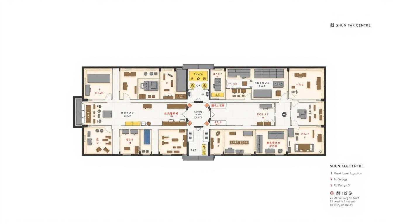 A detailed floor plan of the Shun Tak Centre, a prominent shopping mall in the heart of Central, Hong Kong. The layout is depicted in a top-down perspective, showcasing the various retail stores, dining options, and service facilities within the multi-level complex. The image features a clean, modern design with a minimalist color palette, emphasizing the mall's sleek and sophisticated aesthetic. Subtle lighting highlights the architectural features, creating a warm and inviting atmosphere. The composition balances the practical details of the floor plan with a visually appealing and visually compelling presentation, making it an informative and aesthetically pleasing reference for visitors exploring the Shun Tak Centre.