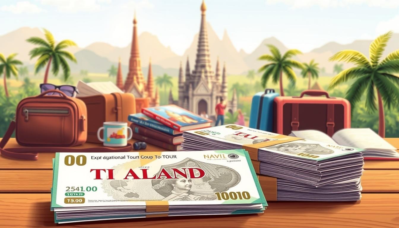 A detailed illustration of various expenses encountered during a group tour to Thailand. In the foreground, a stack of Thai baht notes representing the additional costs, such as tips, optional activities, meals, and transportation. In the middle ground, an array of travel-related items like suitcases, guidebooks, and a map of Thailand, conveying the planning and budgeting aspect. The background features a stylized landscape with temples and palm trees, evoking the Thai cultural atmosphere. The lighting is warm and inviting, with a soft focus to emphasize the financial considerations. The overall composition suggests the importance of understanding and managing these extra expenses for a successful group tour experience.