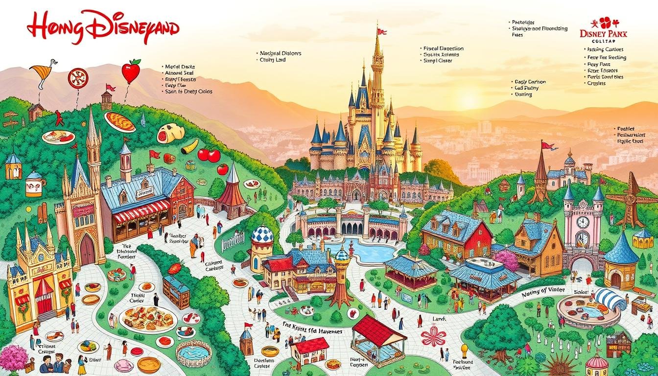 A detailed map of Hong Kong Disneyland's culinary landscape, showcasing a diverse array of dining options from main street eateries to themed restaurant havens. The image depicts a vibrant, hand-drawn style illustration capturing the park's whimsical atmosphere. The foreground features various food icons, dishes, and dining establishments nestled among iconic Disneyland landmarks and architecture. The middle ground showcases the different themed lands, each with distinct culinary offerings. The background incorporates sweeping vistas of the park, with the iconic castle silhouette in the distance, bathed in a warm, golden sunset glow. The overall composition strikes a balance between informative mapping and enchanting, Disney-inspired aesthetics.