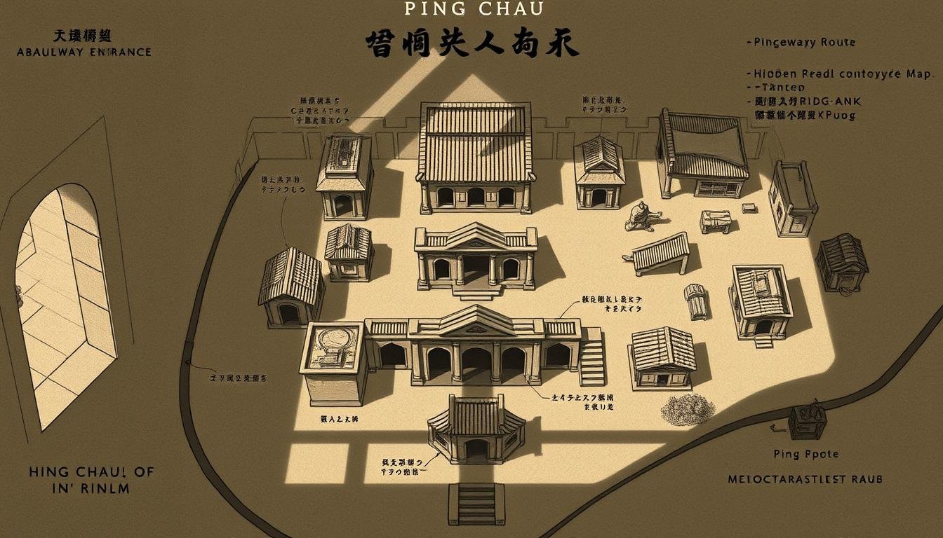 A detailed map of the key photo spots in the Ping Chau abandoned art ruins, showcasing the optimal walking route from the alleyway entrance to the central courtyard. Rendered in a vintage illustration style with muted tones, the map highlights prominent architectural features, hidden passageways, and picturesque vantage points. Lighting is soft and diffused, casting long shadows that convey a sense of mystery and exploration. The perspective is slightly elevated, providing an overview of the ruins' layout while maintaining a human scale. The atmosphere is one of quiet contemplation, inviting the viewer to envision themselves navigating this enchanting Hong Kong time capsule.