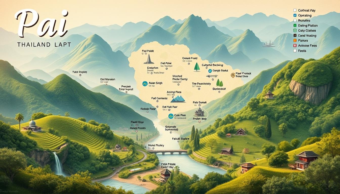 A detailed map of the must-visit natural and cultural attractions in Pai, Thailand. Sweeping panoramic vistas of verdant hills, serene waterfalls, and idyllic riverside settings. Precise locations, operating hours, and admission fees for each site, presented in a clean, uncluttered layout. The map has a warm, inviting color palette with soft lighting, conveying the tranquil atmosphere of this picturesque town. Rendered with a delicate, hand-painted aesthetic that blends realism with an artistic sensibility. The result is a visually captivating and informative guide to the highlights of Pai, Thailand.