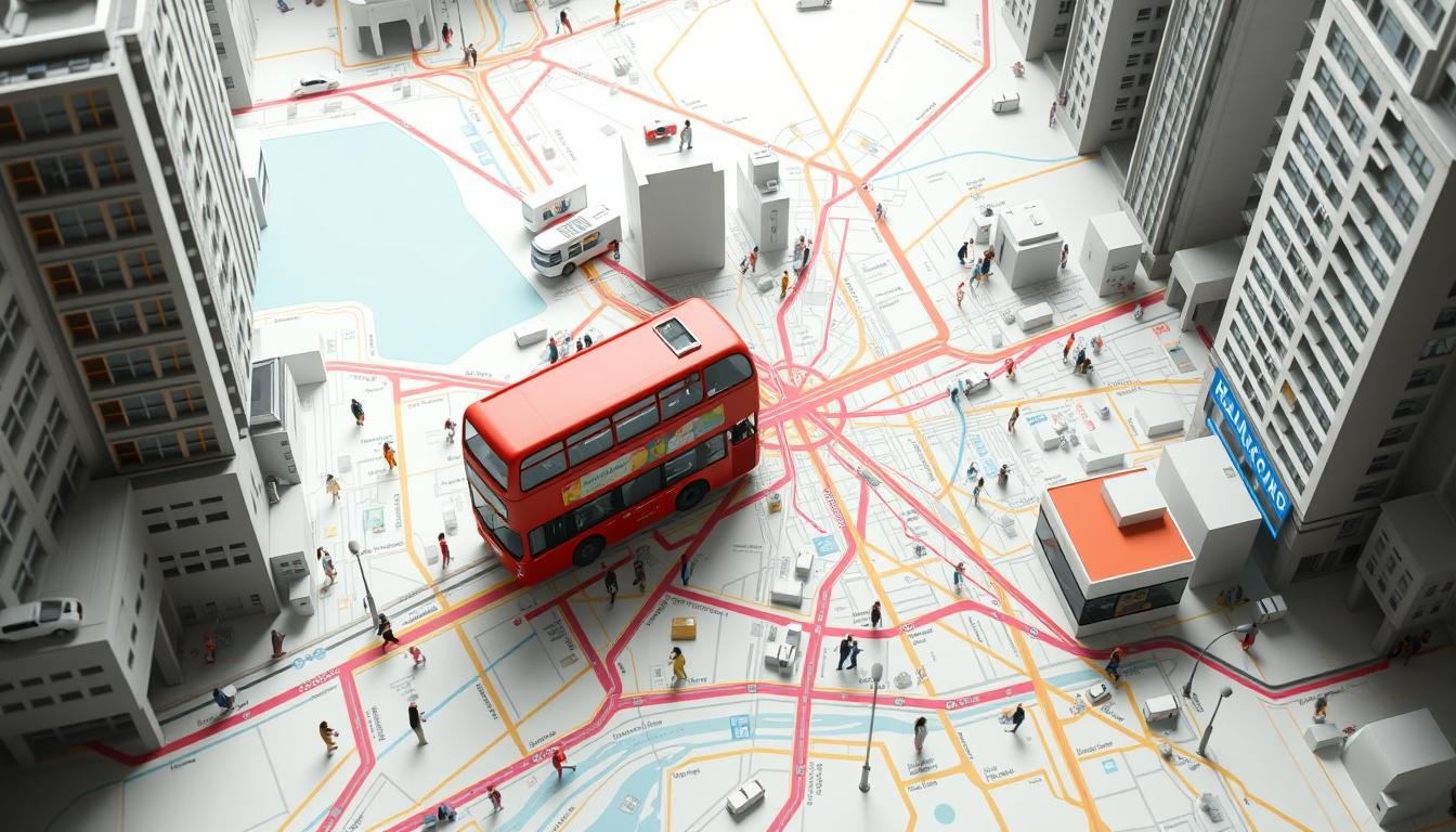 A detailed overview of Hong Kong's iconic double-decker bus routes and stations. The scene depicts a meticulously rendered 3D map, showcasing the intricate network of routes traversing the bustling city streets. Vibrant colors, clean lines, and a minimalist aesthetic convey a sense of order and functionality. The perspective is slightly elevated, providing a bird's-eye view that allows the viewer to comprehend the system's comprehensive coverage. Soft, diffused lighting and a muted color palette create a calm, informative atmosphere, inviting the viewer to explore the layout and connections between different neighborhoods and landmarks. The level of detail captures the essential information needed to navigate Hong Kong's renowned double-decker bus network.