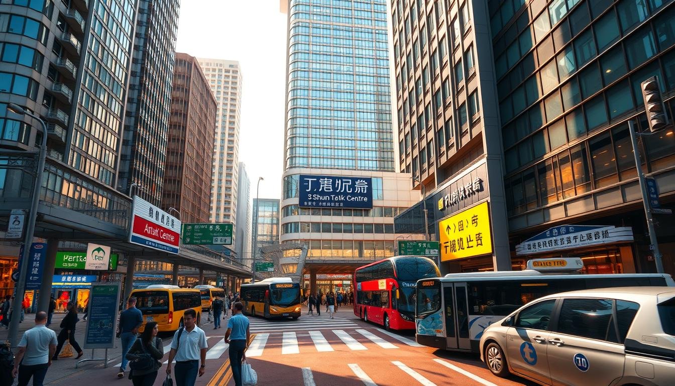 A detailed rendering of the "Shun Tak Centre" transportation guide in Hong Kong's Central district. The scene depicts the bustling pedestrian and vehicle traffic around the prominent commercial complex, showcasing the nearby ferry terminals, bus stops, and taxi stands that provide seamless connectivity to the rest of the city. The image is captured with a wide-angle lens, emphasizing the towering facade of the Shun Tak Centre and the surrounding high-rise buildings. Warm, natural lighting illuminates the scene, evoking a sense of vibrant urban energy. The composition highlights the clear wayfinding signage and intuitive flow of passenger movement, reflecting the efficient transportation options available to visitors.