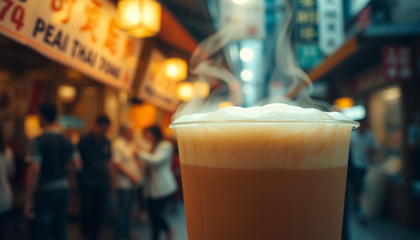 A detailed, steaming cup of Hong Kong-style milk tea, known as "nai cha." The frothy, caramel-colored liquid fills the foreground, with a distinct layer of creamy foam on top. The background features a blurred, bustling street scene of a traditional dai pai dong, or open-air food stall, in the heart of Hong Kong. The lighting is warm and atmospheric, casting a golden glow over the scene. The overall mood is one of comfort, indulgence, and the vibrant, lively energy of Hong Kong's iconic street food culture. A detailed, steaming cup of Hong Kong-style milk tea, known as "nai cha." The frothy, caramel-colored liquid fills the foreground, with a distinct layer of creamy foam on top. The background features a blurred, bustling street scene of a traditional dai pai dong, or open-air food stall, in the heart of Hong Kong. The lighting is warm and atmospheric, casting a golden glow over the scene. The overall mood is one of comfort, indulgence, and the vibrant, lively energy of Hong Kong's iconic street food culture.