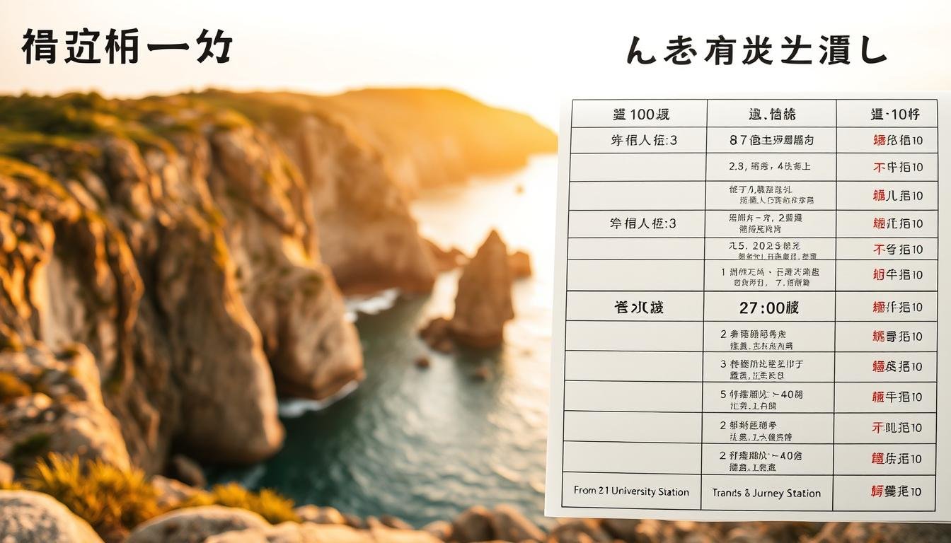 A detailed timetable for a day's itinerary on the unique sea erosion landforms of East Ping Chau. The foreground showcases a meticulously crafted schedule, with timings for each activity and transit. The middle ground features the rugged, weathered coastal cliffs and rock formations, capturing the essence of the hiking trail. The background depicts a warm, golden-hour lighting, creating a serene and contemplative atmosphere. The image should convey a sense of organization, adventure, and appreciation for the natural wonder of this geological marvel. Capture the journey from the university station to the return to the city center in a visually engaging and informative manner. A detailed timetable for a day's itinerary on the unique sea erosion landforms of East Ping Chau. The foreground showcases a meticulously crafted schedule, with timings for each activity and transit. The middle ground features the rugged, weathered coastal cliffs and rock formations, capturing the essence of the hiking trail. The background depicts a warm, golden-hour lighting, creating a serene and contemplative atmosphere. The image should convey a sense of organization, adventure, and appreciation for the natural wonder of this geological marvel. Capture the journey from the university station to the return to the city center in a visually engaging and informative manner.