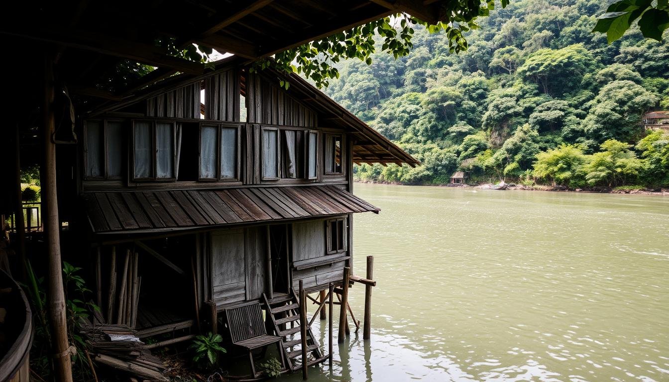 A dilapidated stilt house nestled along the banks of a lush, tranquil river in the historic fishing village of Tai O, Hong Kong. The weathered wooden structure stands in stark contrast to the verdant foliage and serene waters that surround it, a testament to the region's rich cultural heritage. Soft, natural light filters through the gaps in the slanted roof, casting a warm, nostalgic glow upon the scene. The image captures the essence of the "Pang Uk" - the traditional stilt houses that once dotted the waterways, providing a glimpse into the integral role they played in the lives of the local community. This captivating snapshot invites the viewer to step back in time and immerse themselves in the timeless charm of Tai O's remarkable architectural legacy.