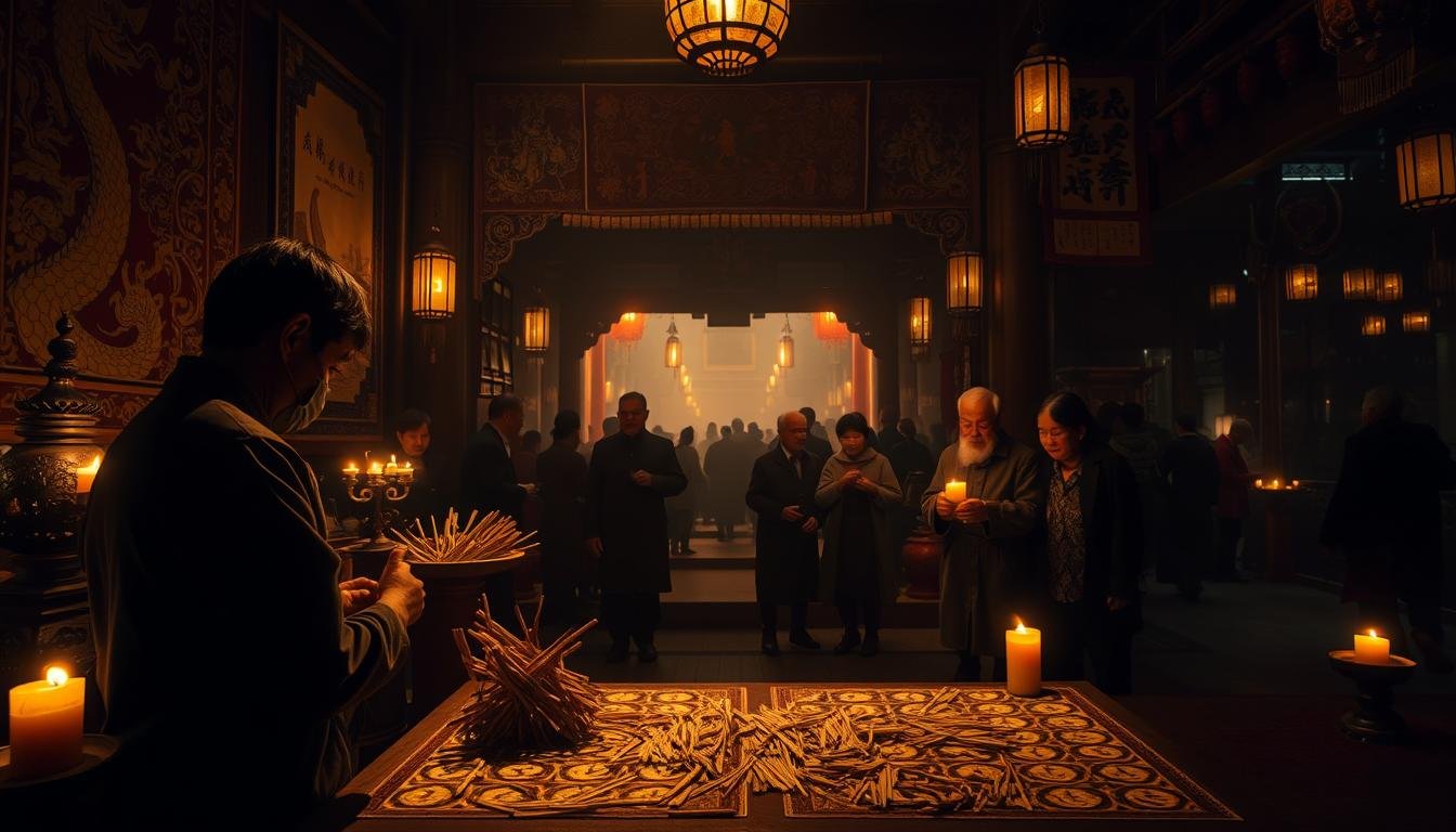 A dimly lit, atmospheric scene depicting the ritual of divination and fortune-telling at a traditional Chinese temple. In the foreground, a worshipper kneels before a raised altar, their hands clasped around a bundle of divination sticks. Ornate carved dragons and intricate tapestries adorn the temple walls, casting a warm, reverent glow. The middle ground shows elderly devotees carefully examining the fallen sticks, their weathered faces illuminated by the flickering candlelight. In the background, a sweeping vista of incense-filled halls and worshippers filing in and out, all immersed in the ancient tradition of seeking guidance and wisdom from the divine. A dimly lit, atmospheric scene depicting the ritual of divination and fortune-telling at a traditional Chinese temple. In the foreground, a worshipper kneels before a raised altar, their hands clasped around a bundle of divination sticks. Ornate carved dragons and intricate tapestries adorn the temple walls, casting a warm, reverent glow. The middle ground shows elderly devotees carefully examining the fallen sticks, their weathered faces illuminated by the flickering candlelight. In the background, a sweeping vista of incense-filled halls and worshippers filing in and out, all immersed in the ancient tradition of seeking guidance and wisdom from the divine.