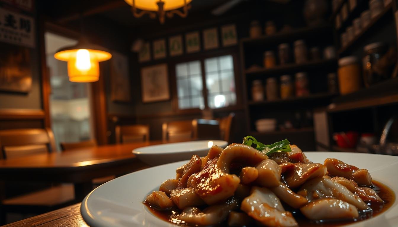 A dimly lit, cozy interior of a traditional Cantonese eatery. In the foreground, a plate of delicately sliced, tender soy-braised goose meat glistens under warm, golden lighting. The middle ground showcases a simple, yet elegant wooden table setting, complete with a bowl of clear broth and vibrant green garnishes. In the background, the shelves are stocked with jars of preserved ingredients, hinting at the depth of flavors within. An atmospheric scene that evokes the comforting, homestyle ambiance of "阿鴻小吃", a beloved local establishment offering high-quality, affordable Cantonese delicacies.