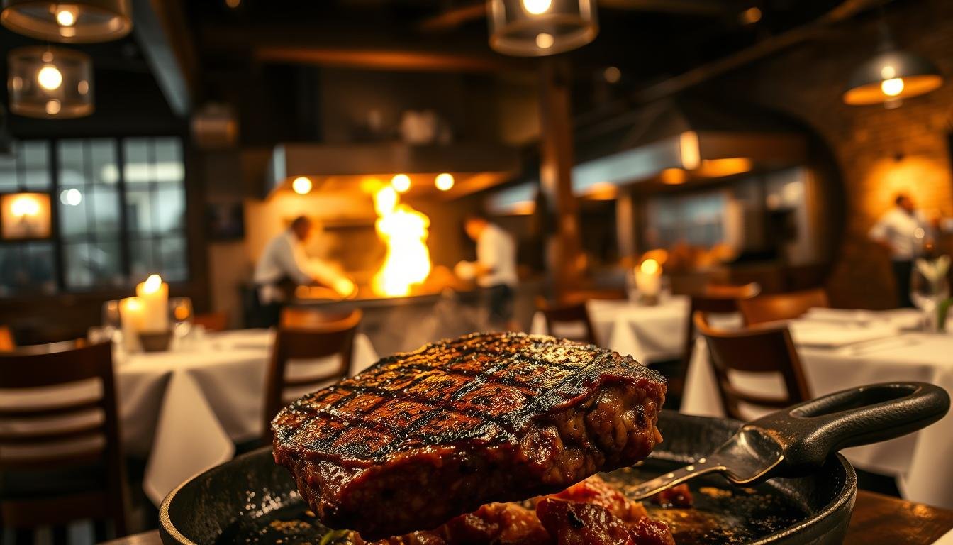 A dimly-lit, cozy steakhouse interior with a rustic, industrial-chic ambiance. In the foreground, a juicy, perfectly-seared beef steak sizzles on a cast-iron skillet, its aroma of charred fat and caramelized juices wafting through the air. The middle ground showcases the elegant table setting, with a white tablecloth, sturdy wooden furniture, and the soft glow of candles casting a warm, intimate atmosphere. In the background, a glimpse of an open kitchen, where chefs expertly maneuver around searing hot grills, the orange flames licking the meat and creating a mesmerizing dance of heat and smoke. The overall scene conveys a sense of high-quality, artisanal cuisine, where the focus is on the pure, unadulterated flavors of the premium ingredients.
