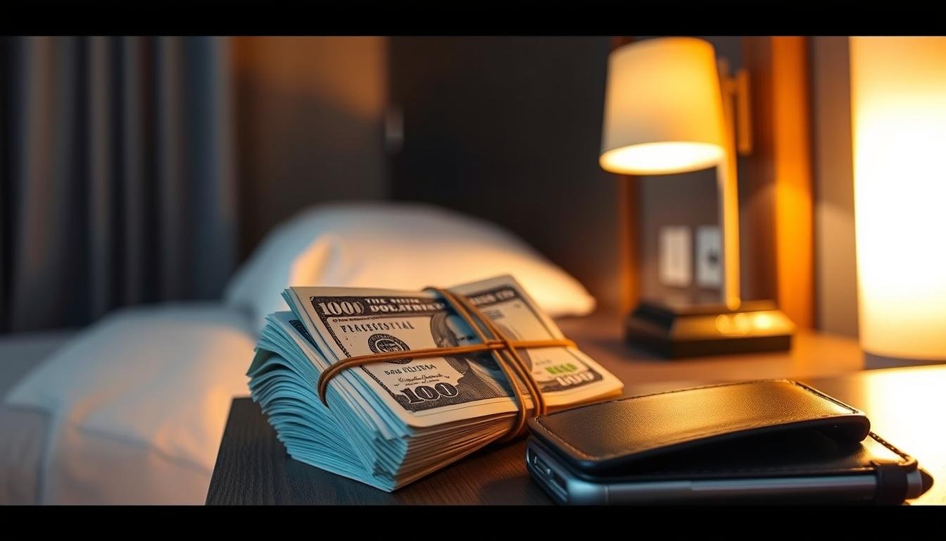 A dimly lit hotel room, the warm glow of a bedside lamp casting a soft light on a well-organized bundle of cash. Crisp bills neatly stacked, secured by a rubber band, symbolizing the importance of managing financial risks while traveling. A sleek, modern wallet rests nearby, a testament to the need for secure storage and diversification. The scene conveys a sense of caution and preparedness, with the cash serving as a tangible representation of the traveler's financial safety net.