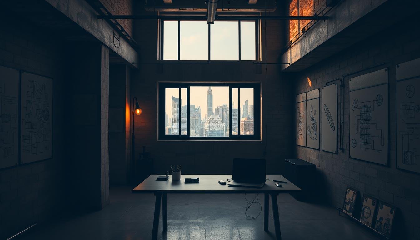 A dimly lit industrial loft with concrete walls and exposed beams. In the foreground, a sleek, minimalist desk with a laptop and design tools. Above it, a large window offers a view of a bustling city skyline. The room is filled with a warm, ambient light, casting long shadows and highlighting the architectural details. On the walls, abstract sketches and engineering diagrams hint at the creative design process. The atmosphere is one of quiet focus and innovative potential, reflecting the "design gene" of Hong Kong's industrial heritage.